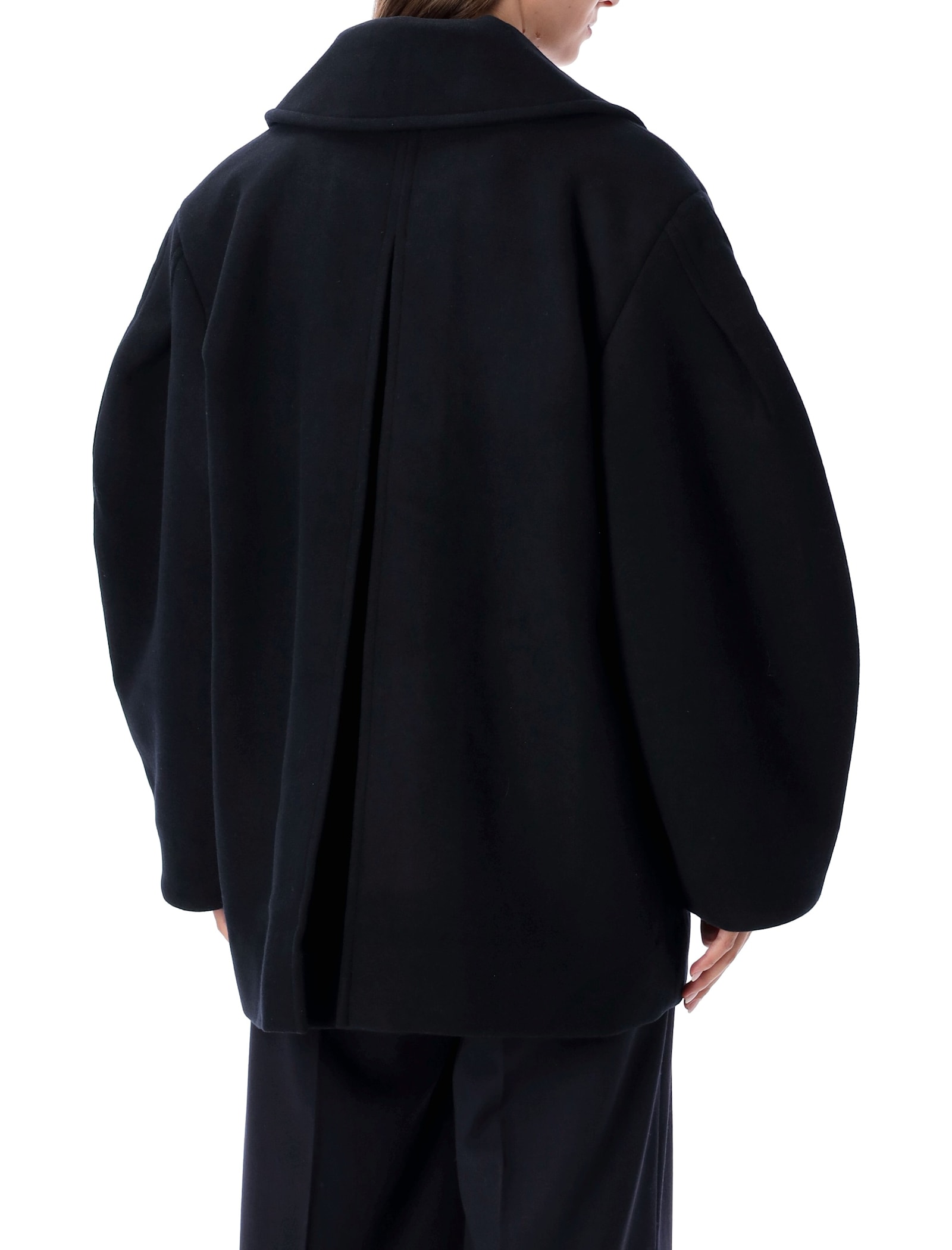 Ganni Dark Blue Wool Short Peacoat In Black