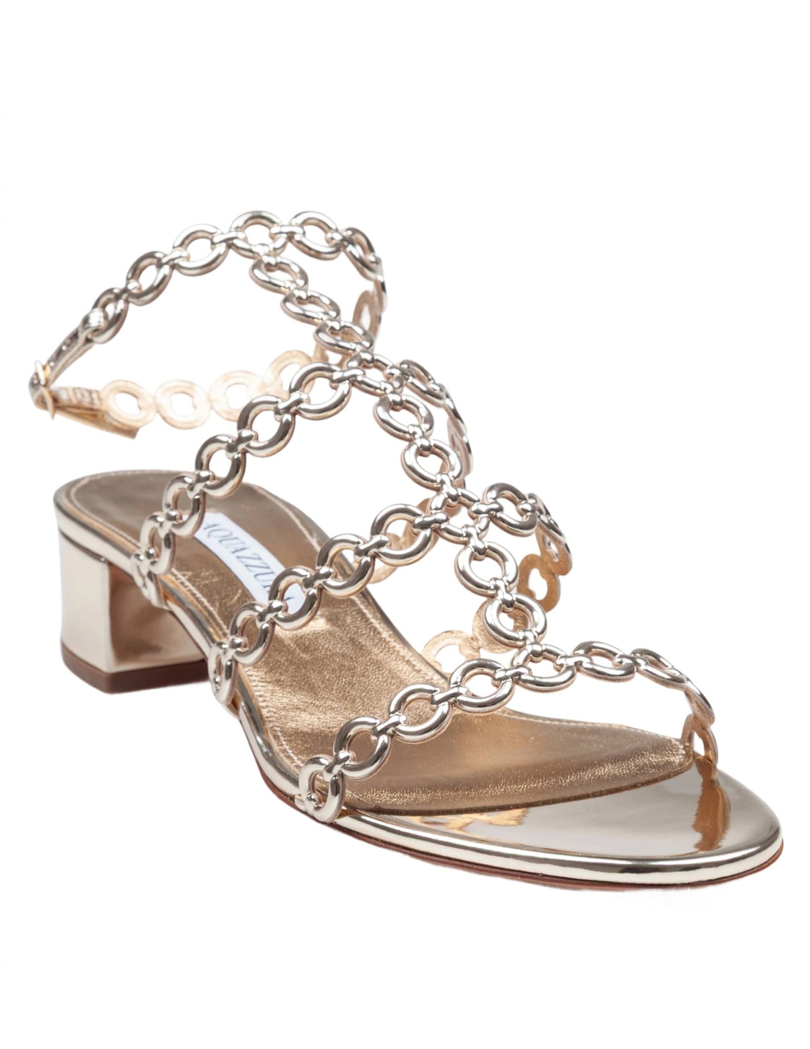 Aquazzura Infinity Chain Sandal In Mirrored Leather In Soft Gold