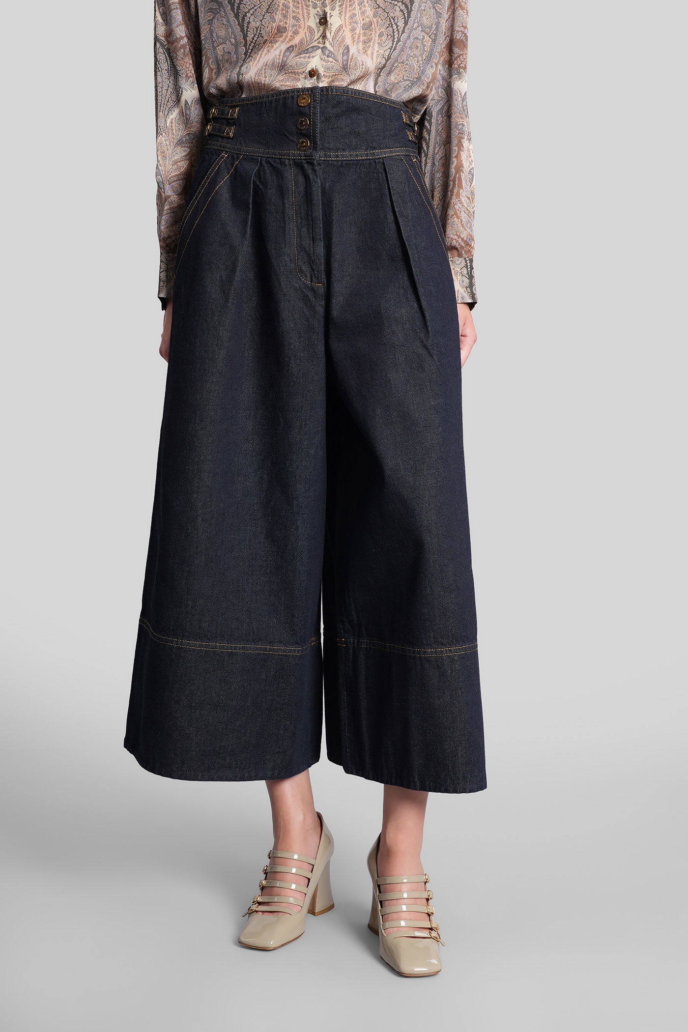 Zimmermann Buckle-detail Pleated Denim Culottes In Blue