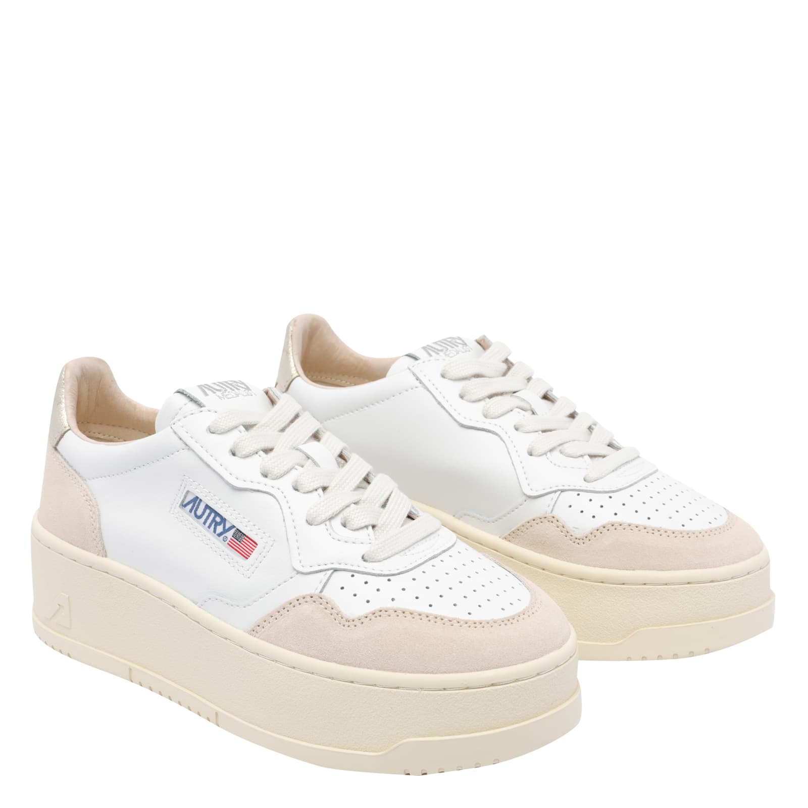 Autry Platinum And White Suede And Leather Medalist Platform Sneakers In Neutral