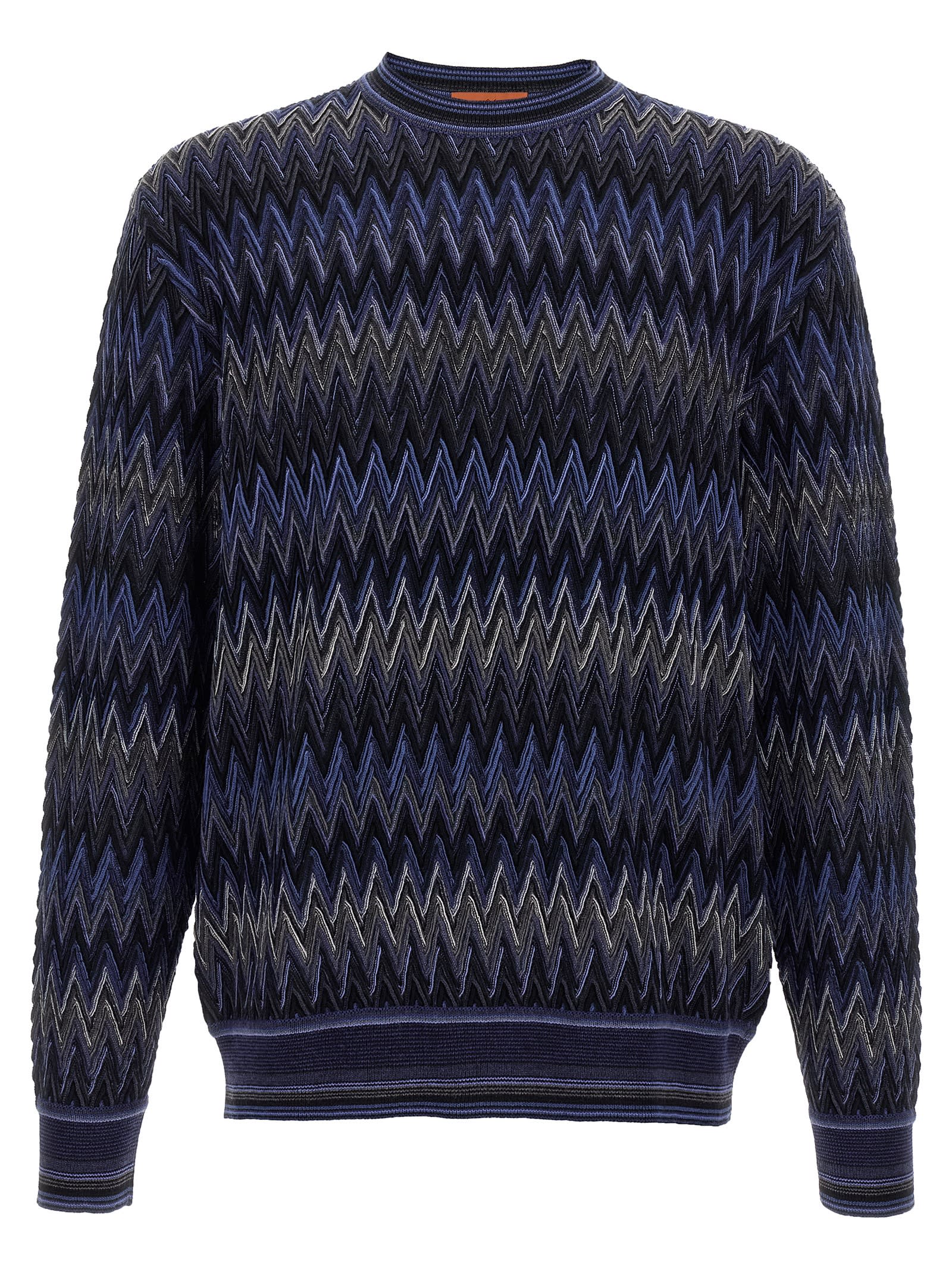 Missoni Zigzag Pattern Wool Sweater With Crew Neck In Blue