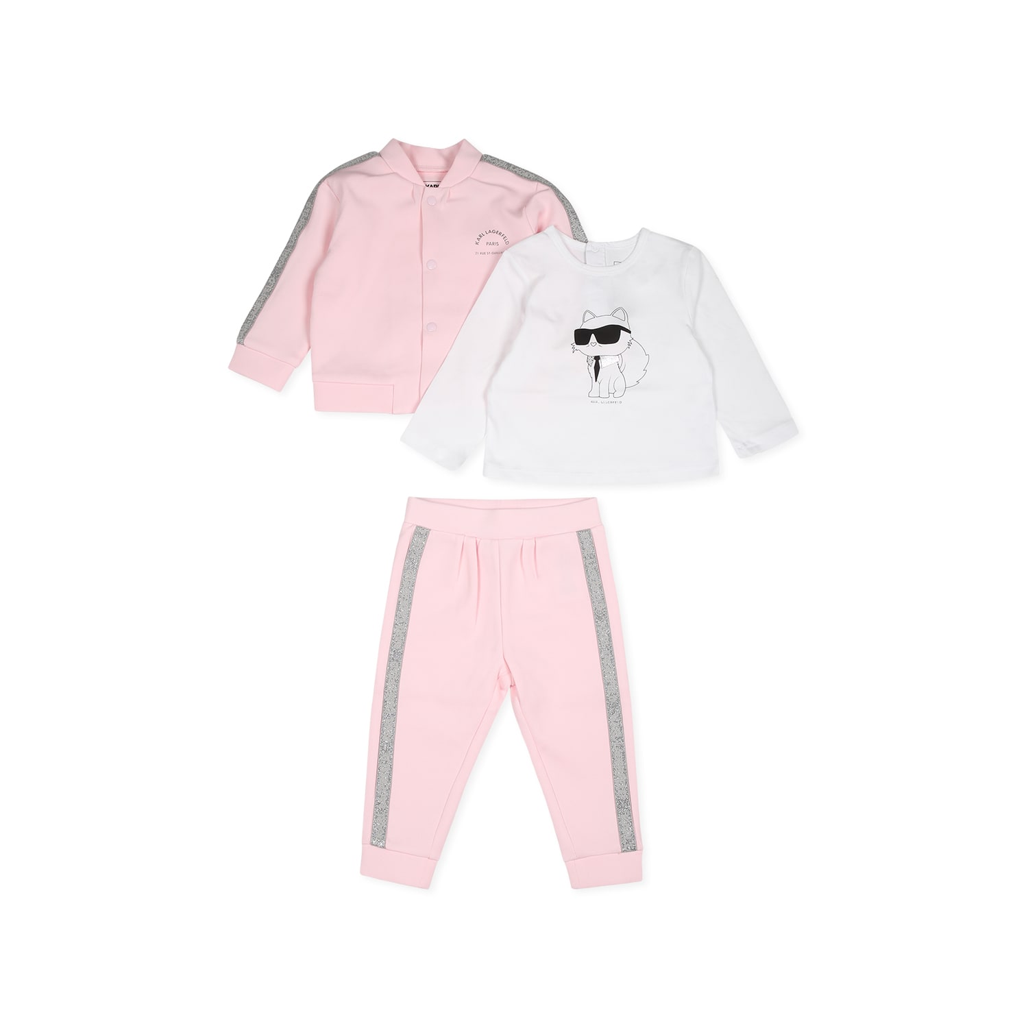 Karl Lagerfeld Pink Suit For Baby Girl With Choupette Print In Pink