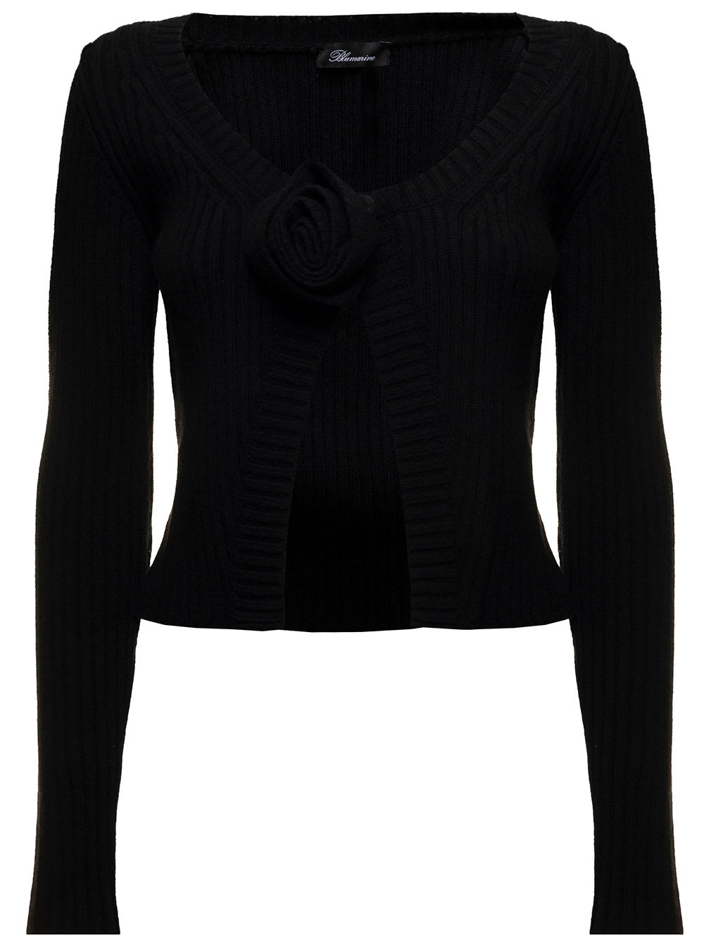Blumarine Black Cardigans In Ribbed Wool Knit With Applied 3d Rose Woman