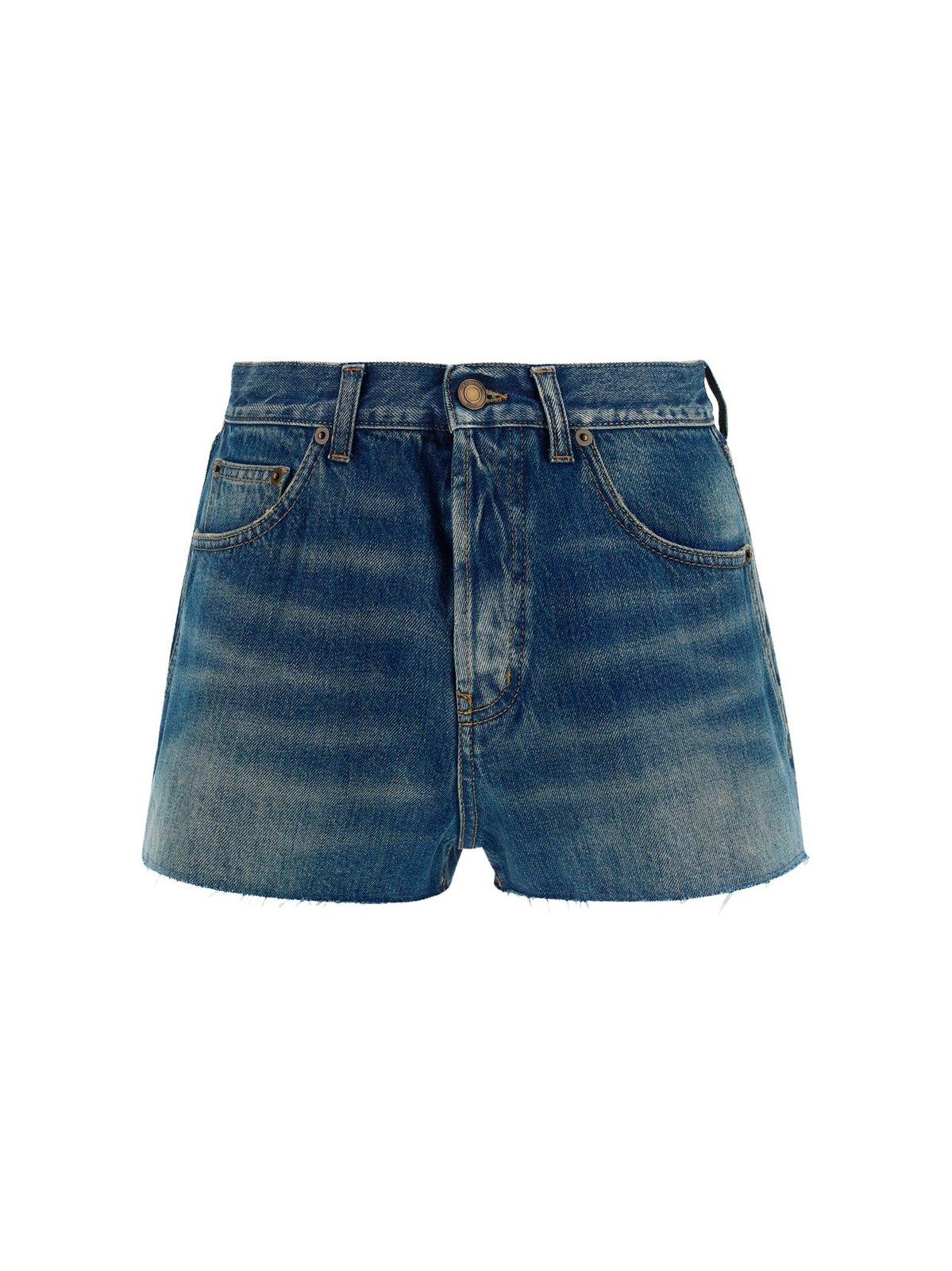 Shop Saint Laurent High Rise Denim Shorts In Deep Blue