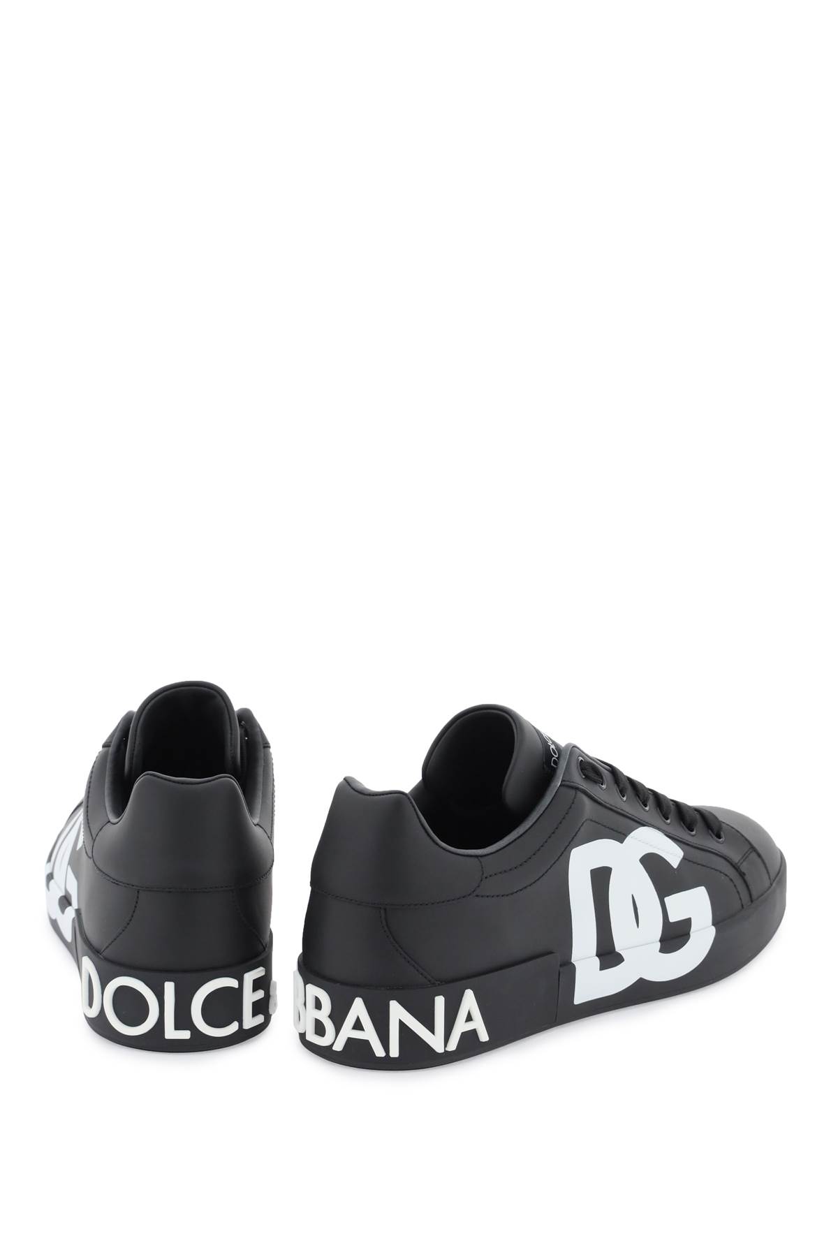 Shop Dolce & Gabbana Leather Portofino Sneakers With Dg Logo In Nero/nero (black)