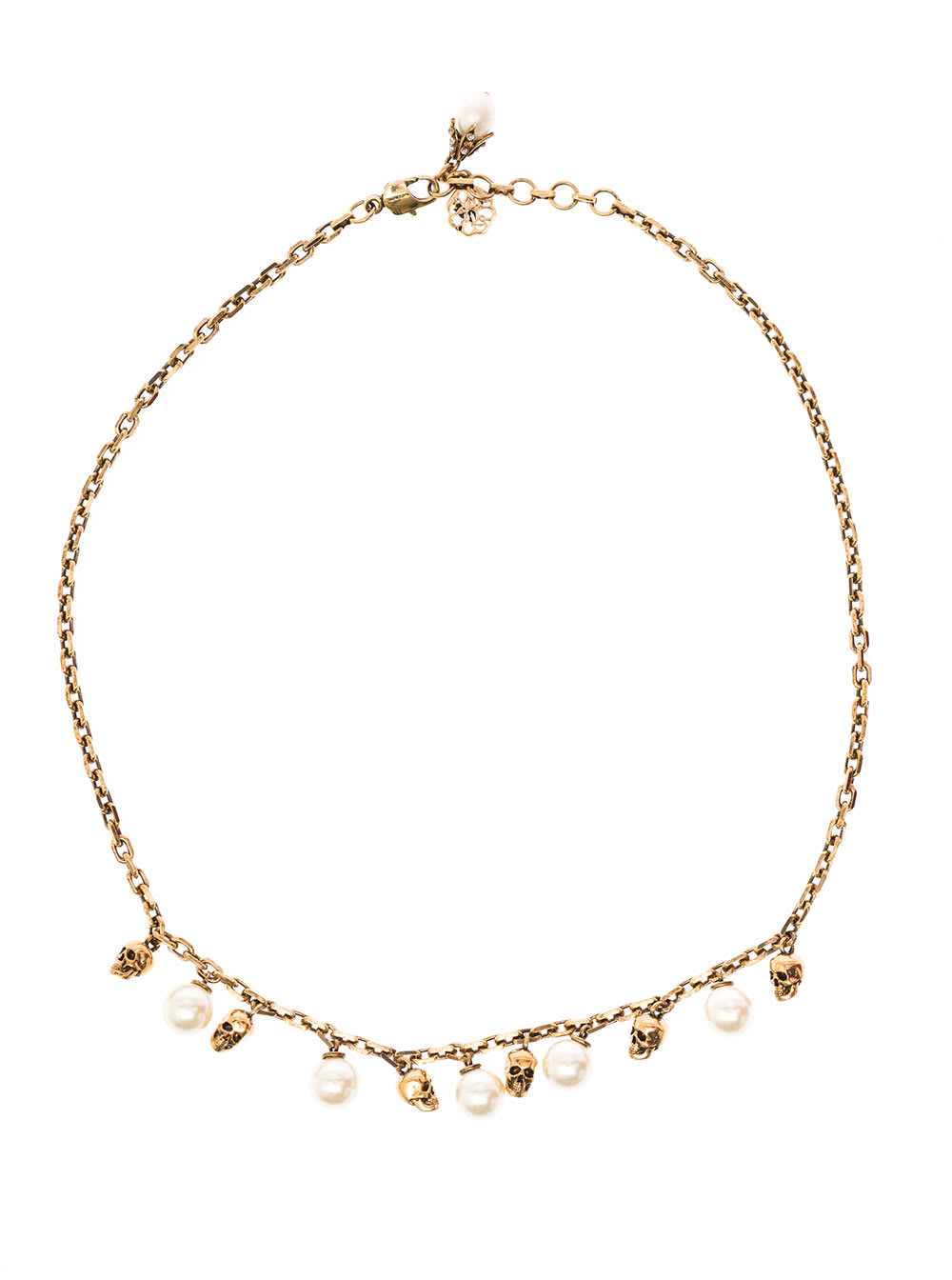 Alexander Mcqueen Womans Golden Brass Chain Necklace With Skull And Pearls