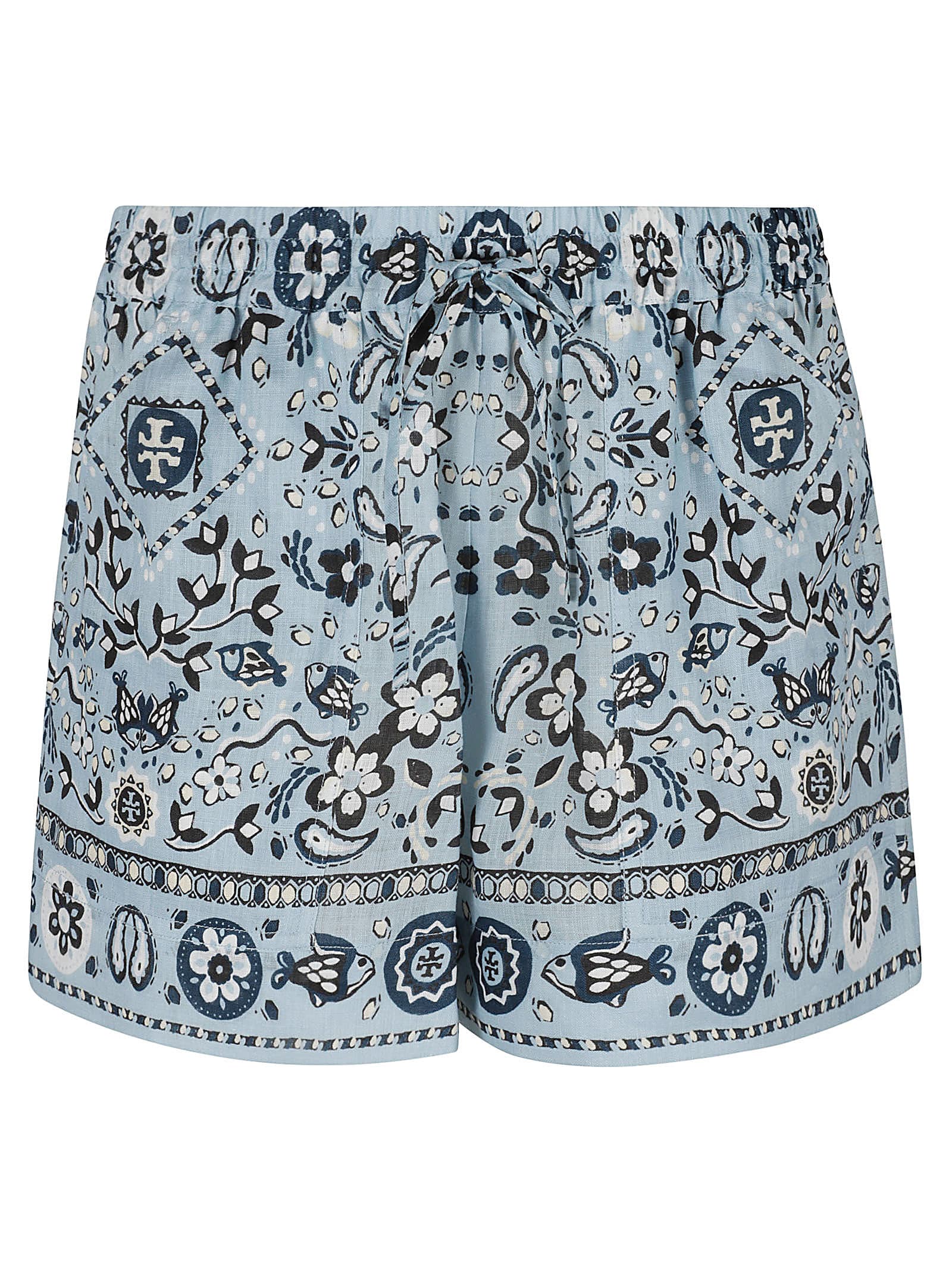 Shop Tory Burch Printed Linen Camp Shorts In Slate Blue Pisces Dream