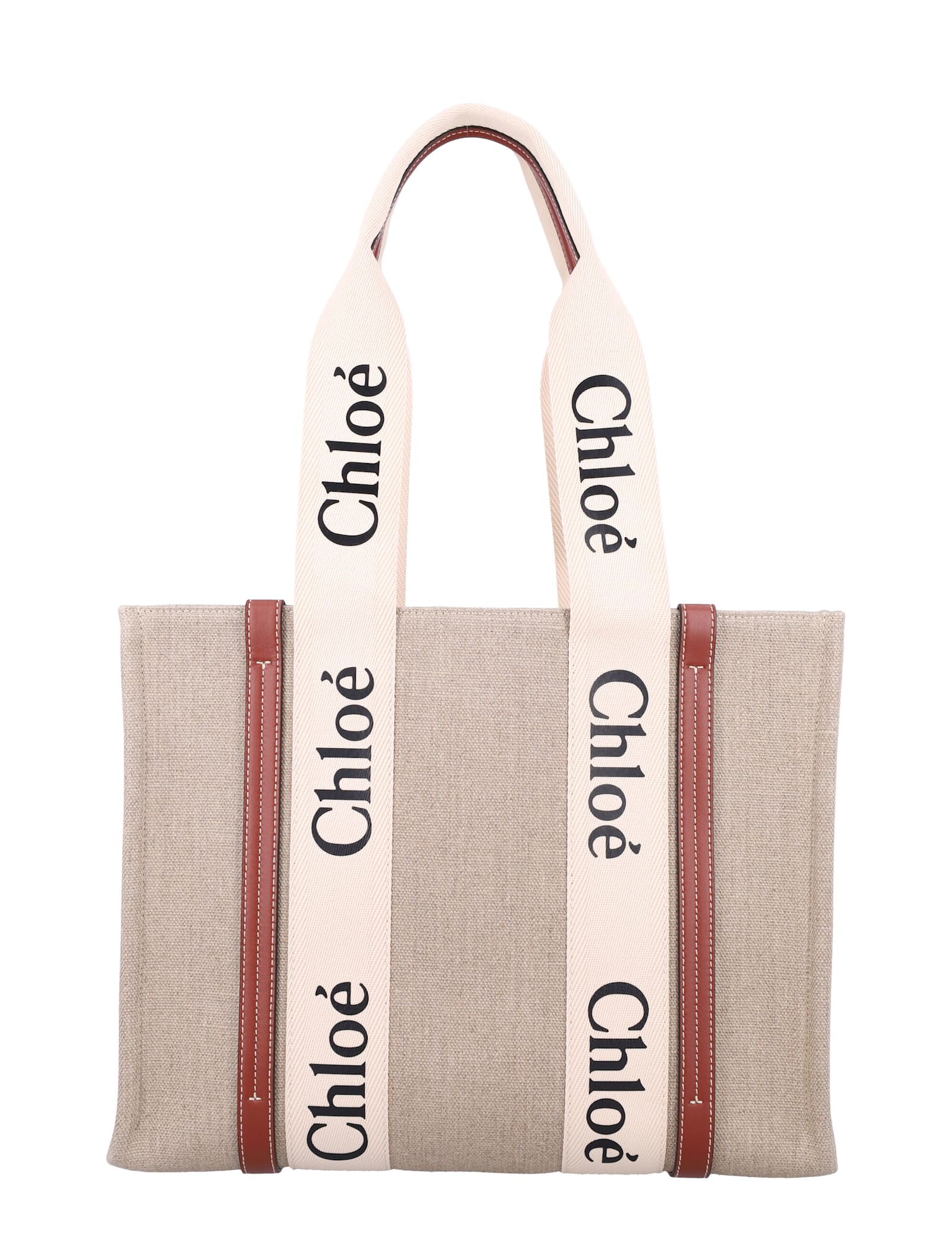 Shop Chloé Linen Woody Tote Bag In White - Brown 1