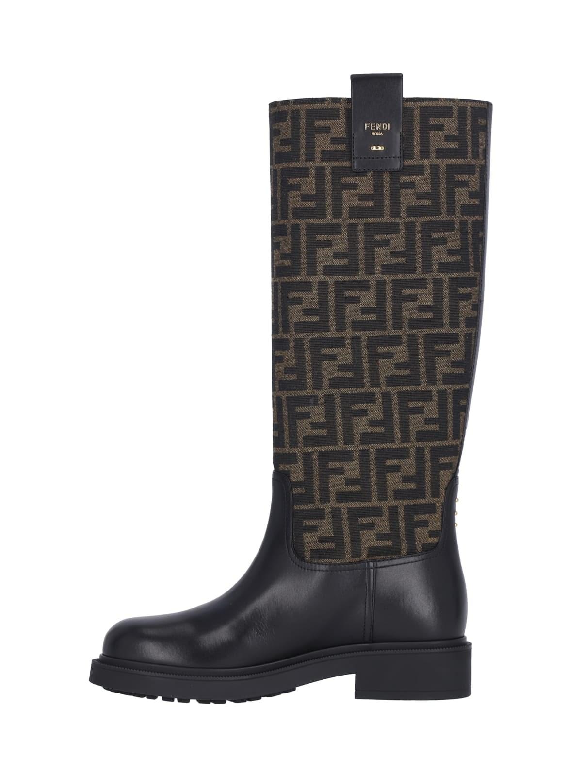 Fendi Tall Boots With Signature Monogram Pattern And Branded Detailing In Black