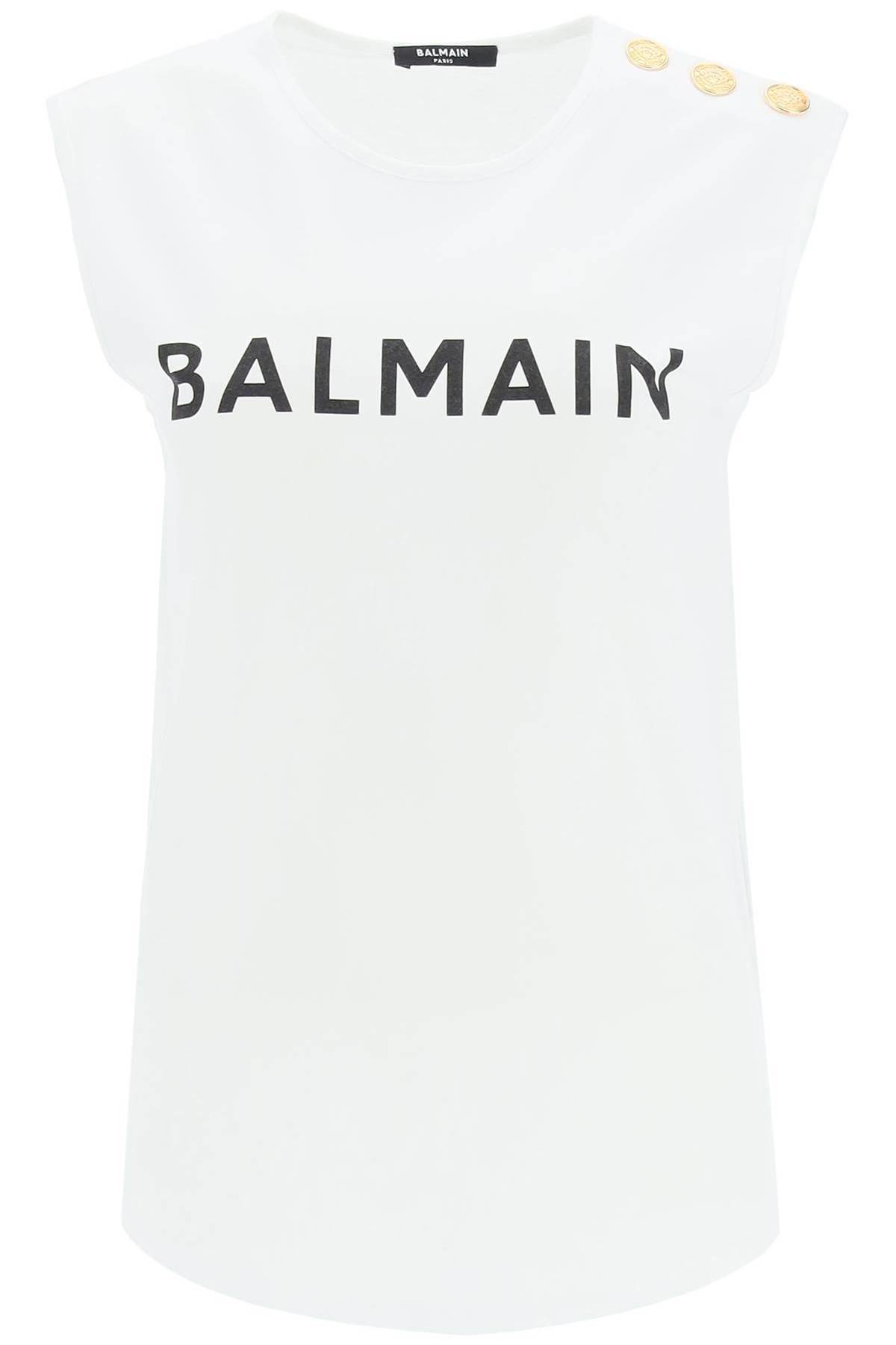 Shop Balmain Logo Print Sleeveless T-shirt In Blanc Noir