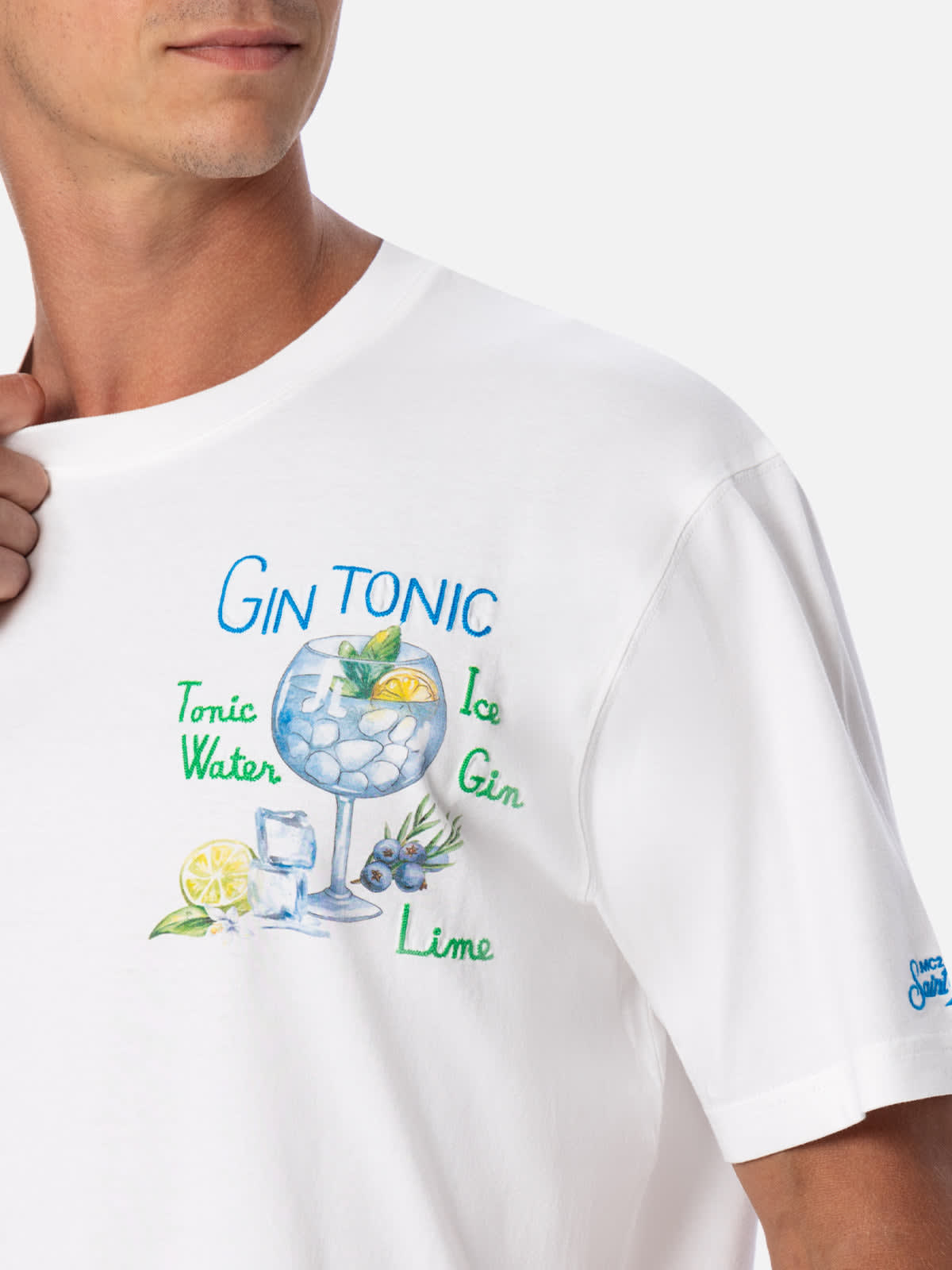 Shop Mc2 Saint Barth Man Cotton T-shirt With Gin Tonic Print And Embroidery In White