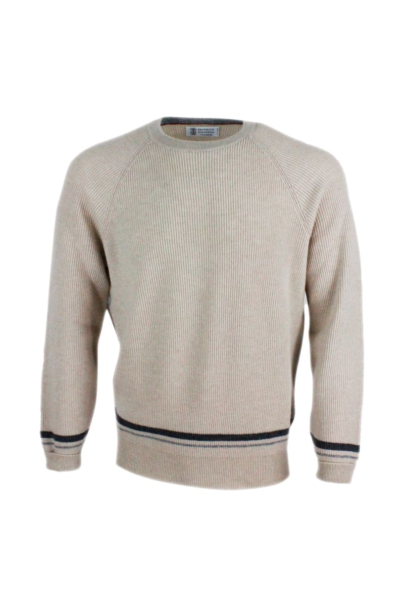 Brunello Cucinelli Cashmere Crewneck Sweater With Contrasting Color Stripes At The Bottom And Cuffs
