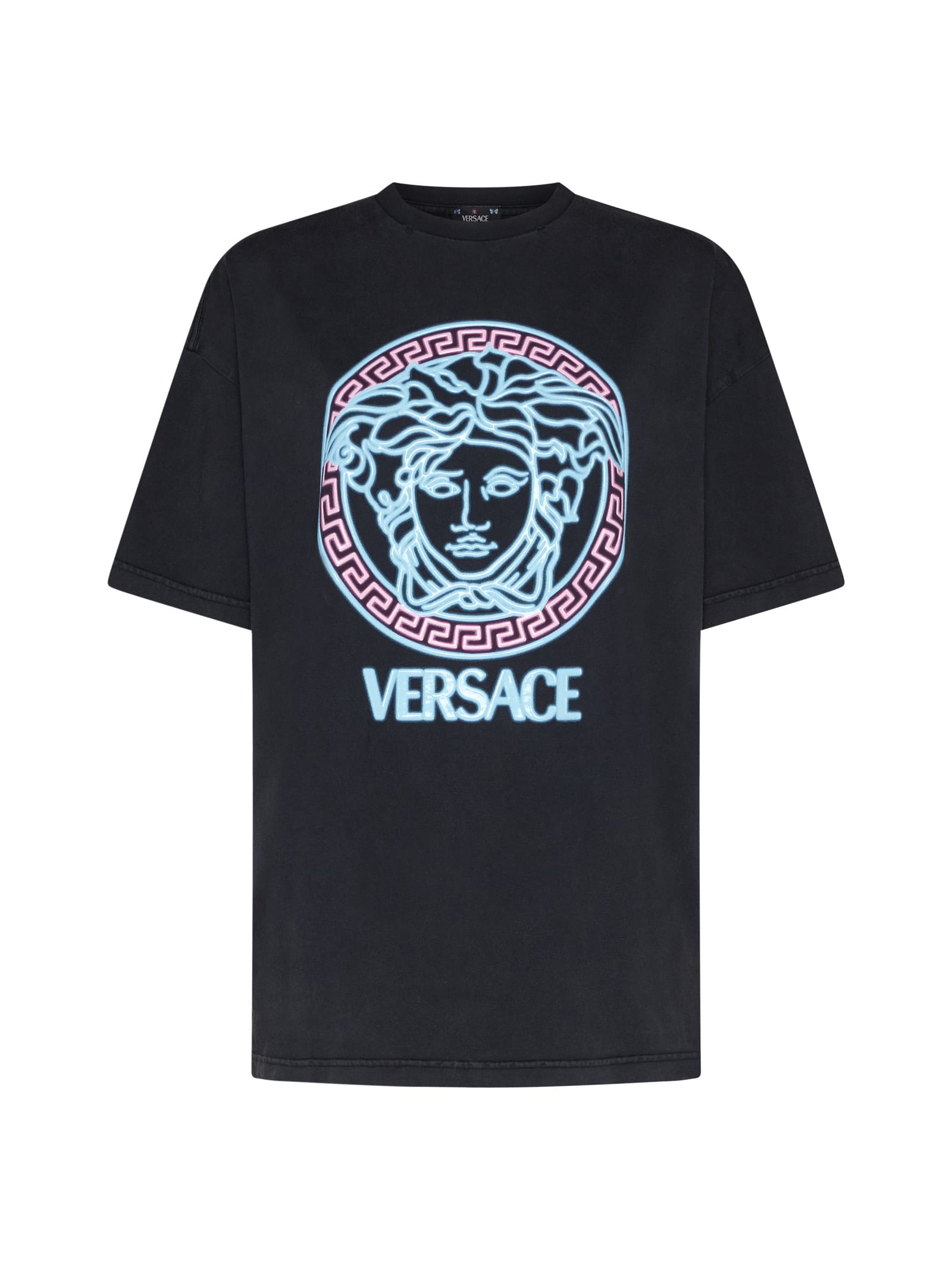 Versace T-shirt In Blacblack+neon Azur+neon Pink
