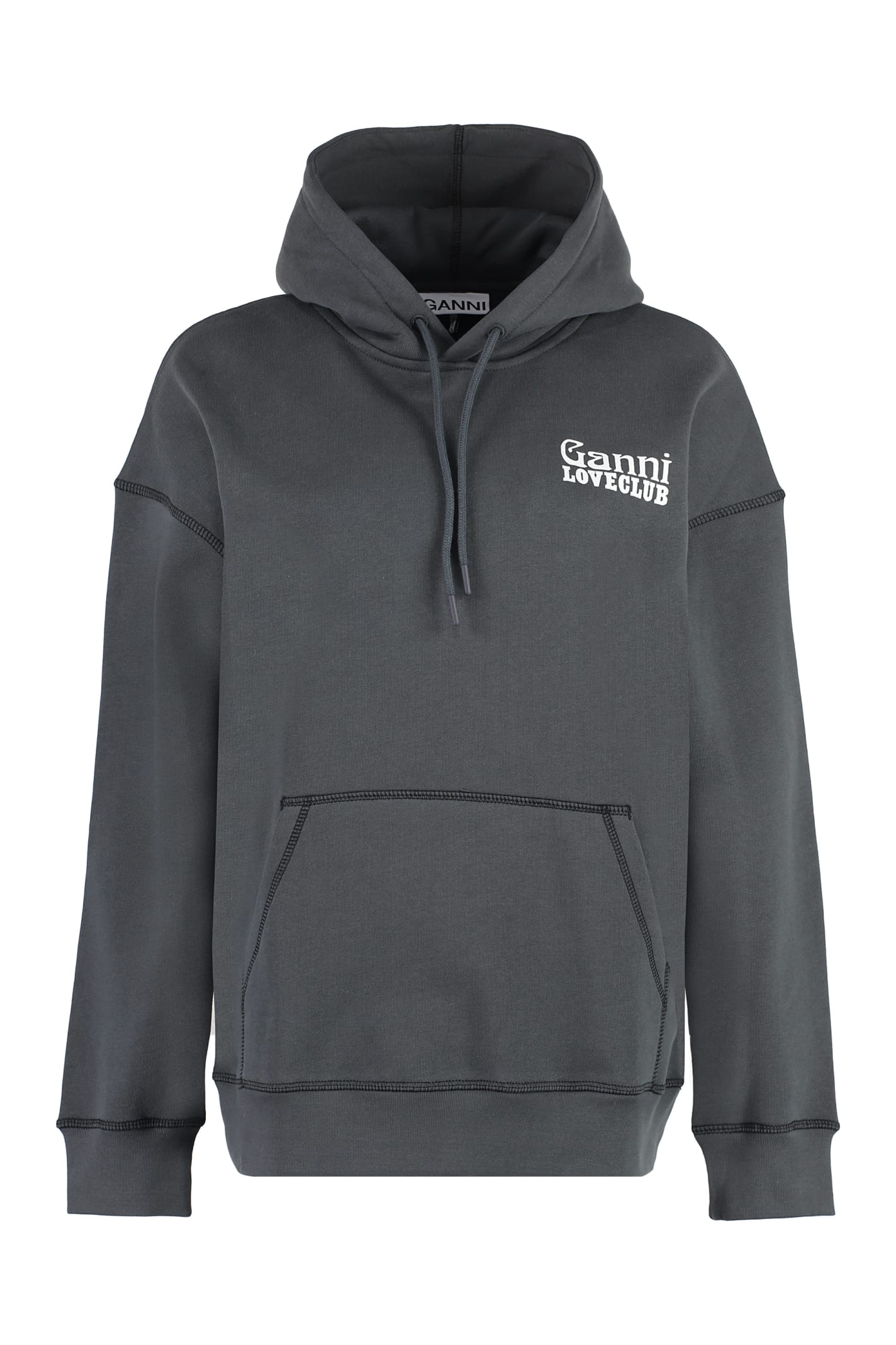 Shop Ganni Logo Cotton Hoodie In Grey