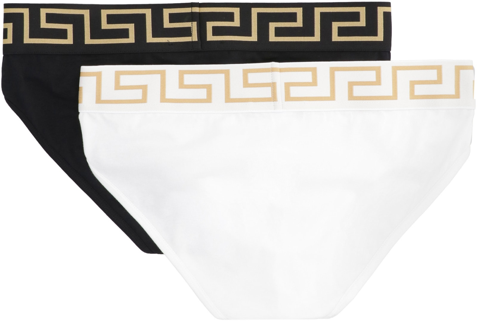 Shop Versace Set Of Two Cotton Briefs With Logoed Elastic Band In Nero Blanco Nero Oro