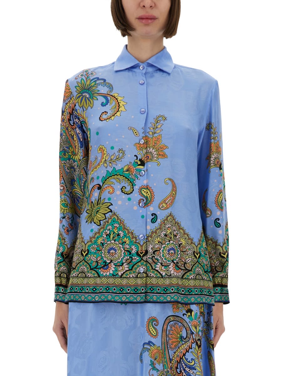 Etro All-over Signature Print Long-sleeved Shirt In Clear Blue