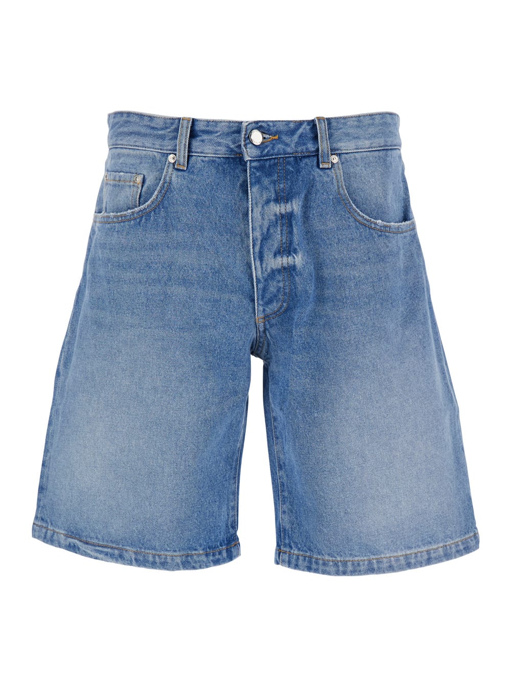 Light Blue Bermuda Pants With Wide Leg And Logo Patch On The Rear In Denim Man