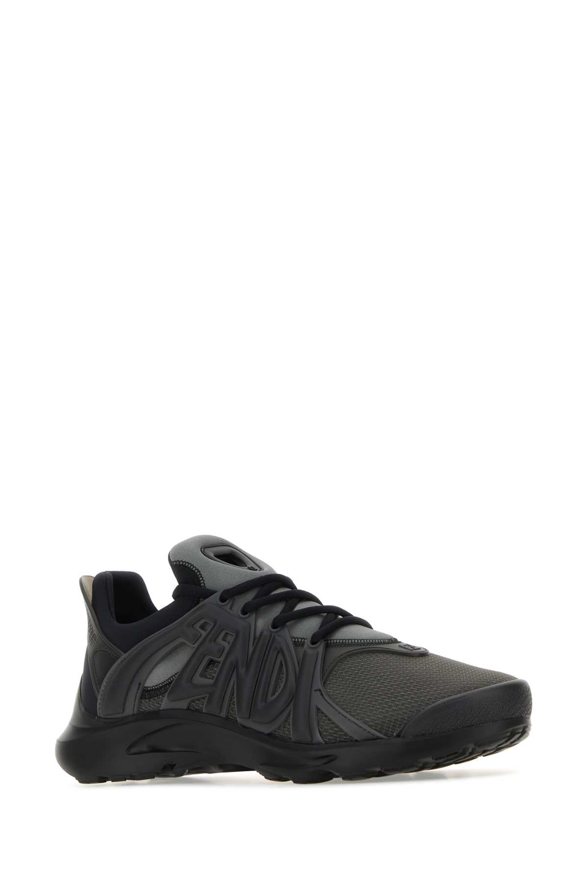 Shop Fendi Charcoal Mesh And Rubber Tag Sneakers In Black