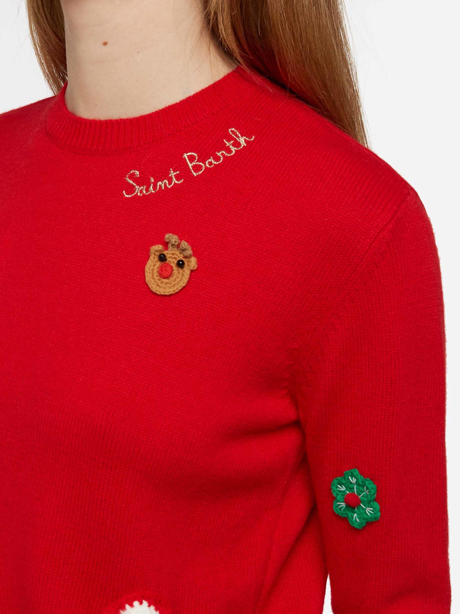 Mc2 Saint Barth Woman Brushed Sweater With Christmas Patches Appliquèe In Red