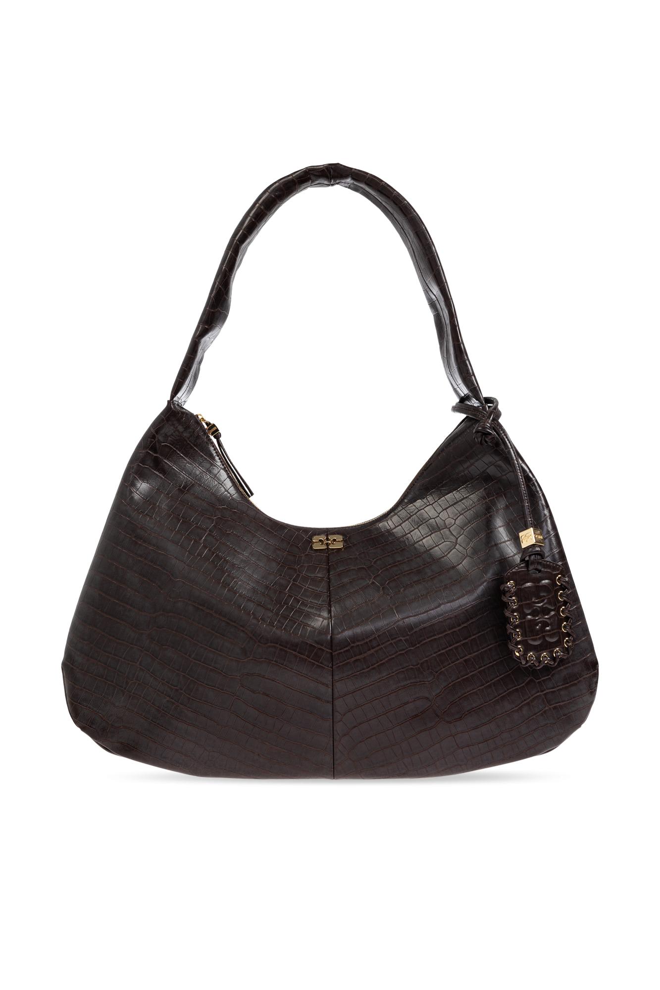 Ganni Xxl Croc-embossed Leather Shoulder Bag In Brown