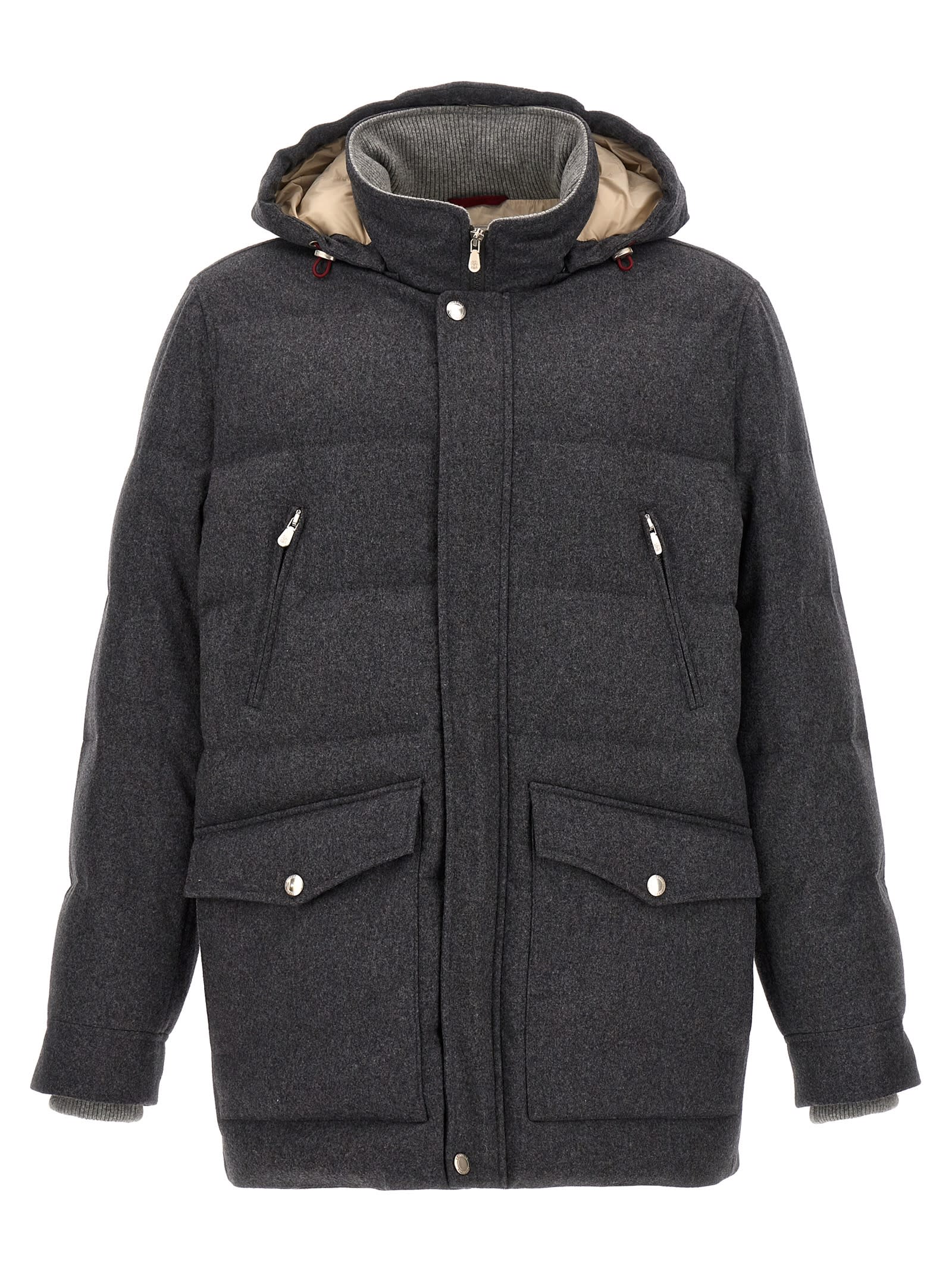 Shop Brunello Cucinelli Long Hooded Down Jacket In Gray