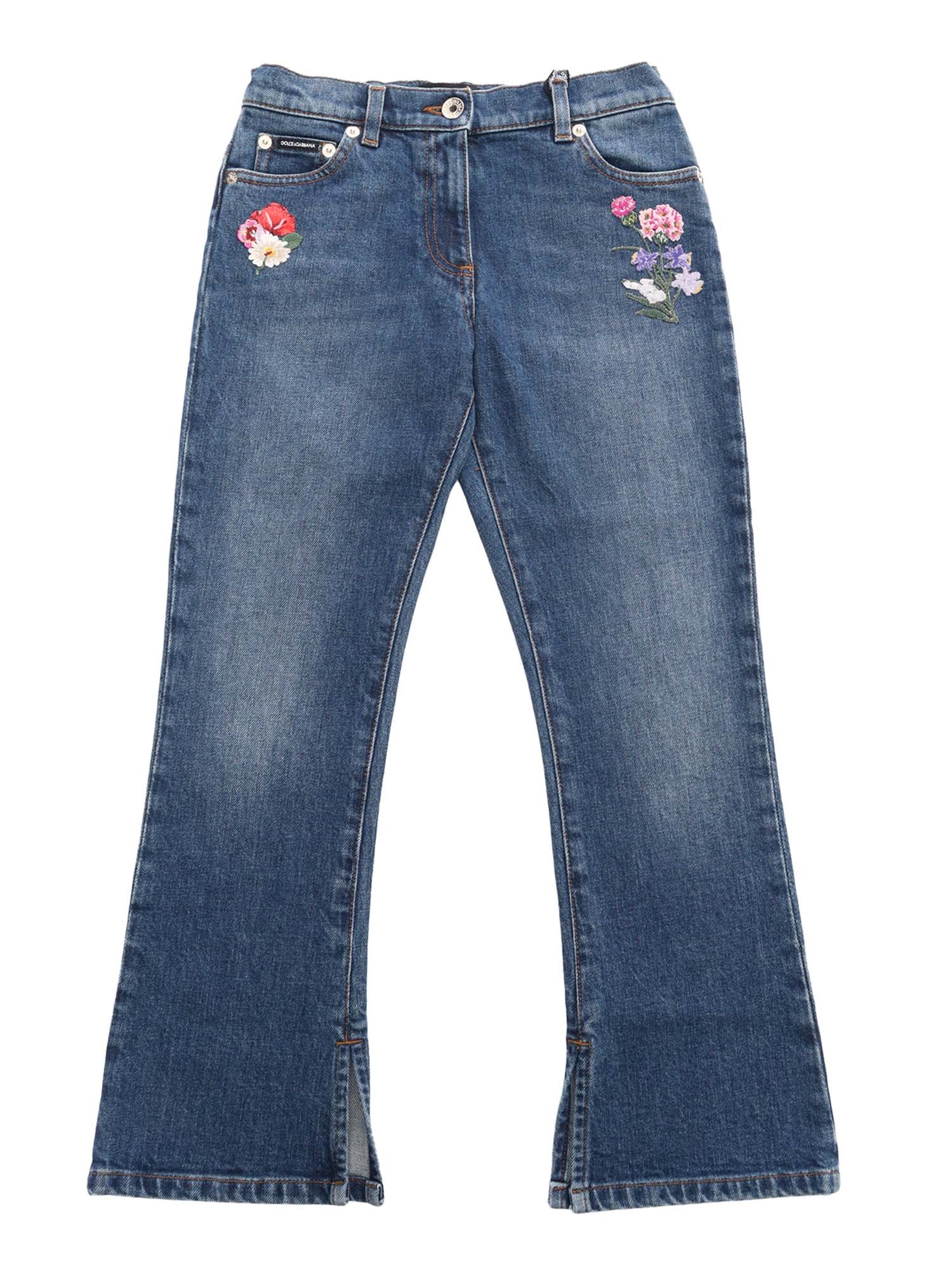 Dolce & Gabbana Rose Floral-embroidered Jeans In Blue