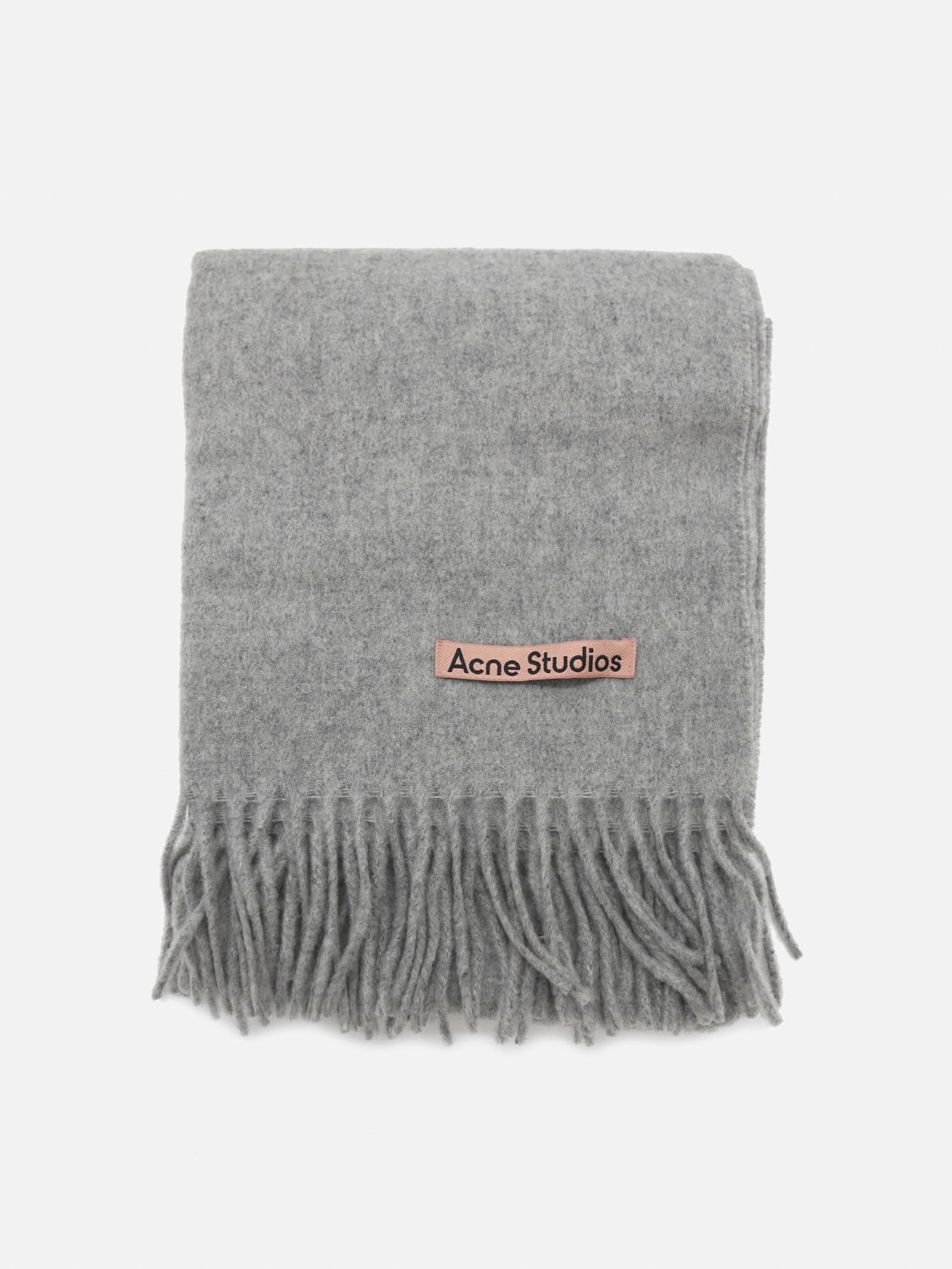 Acne Studios Wool Scarf With Fringed Edges And Contrasting Logo In Grey