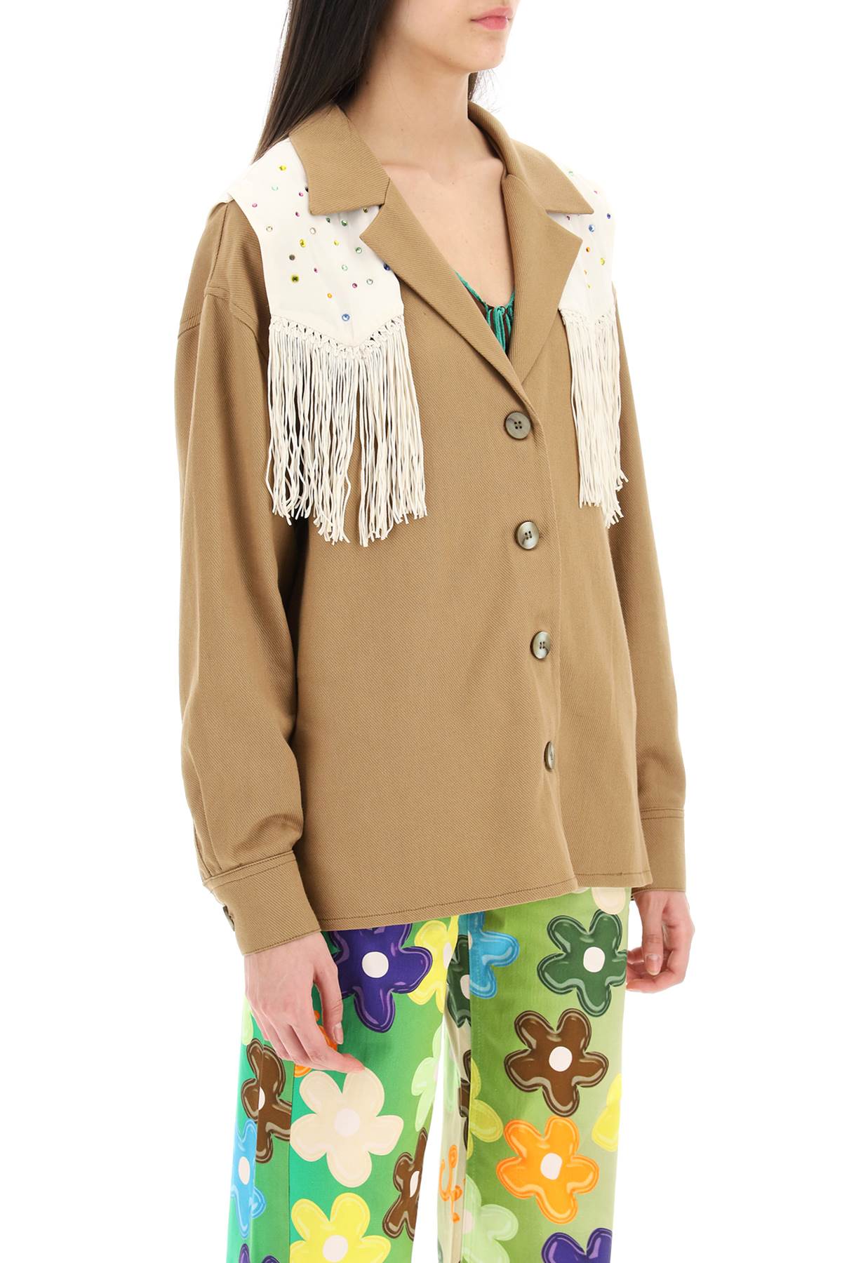 Shop Siedres Overshirt With Embroidered Fringed Panel In Multi (brown)