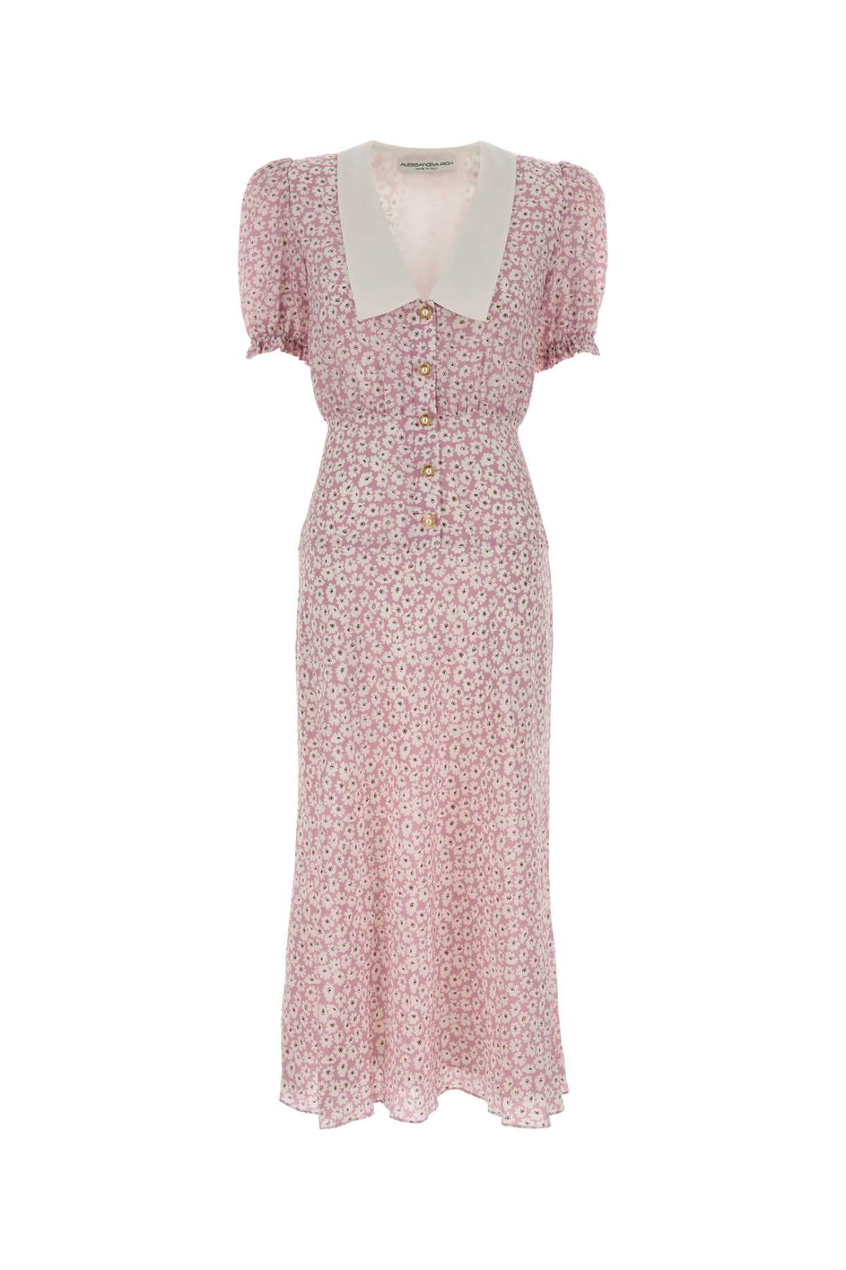 Alessandra Rich Floral Midi Dress Puff Sleeves In Pink