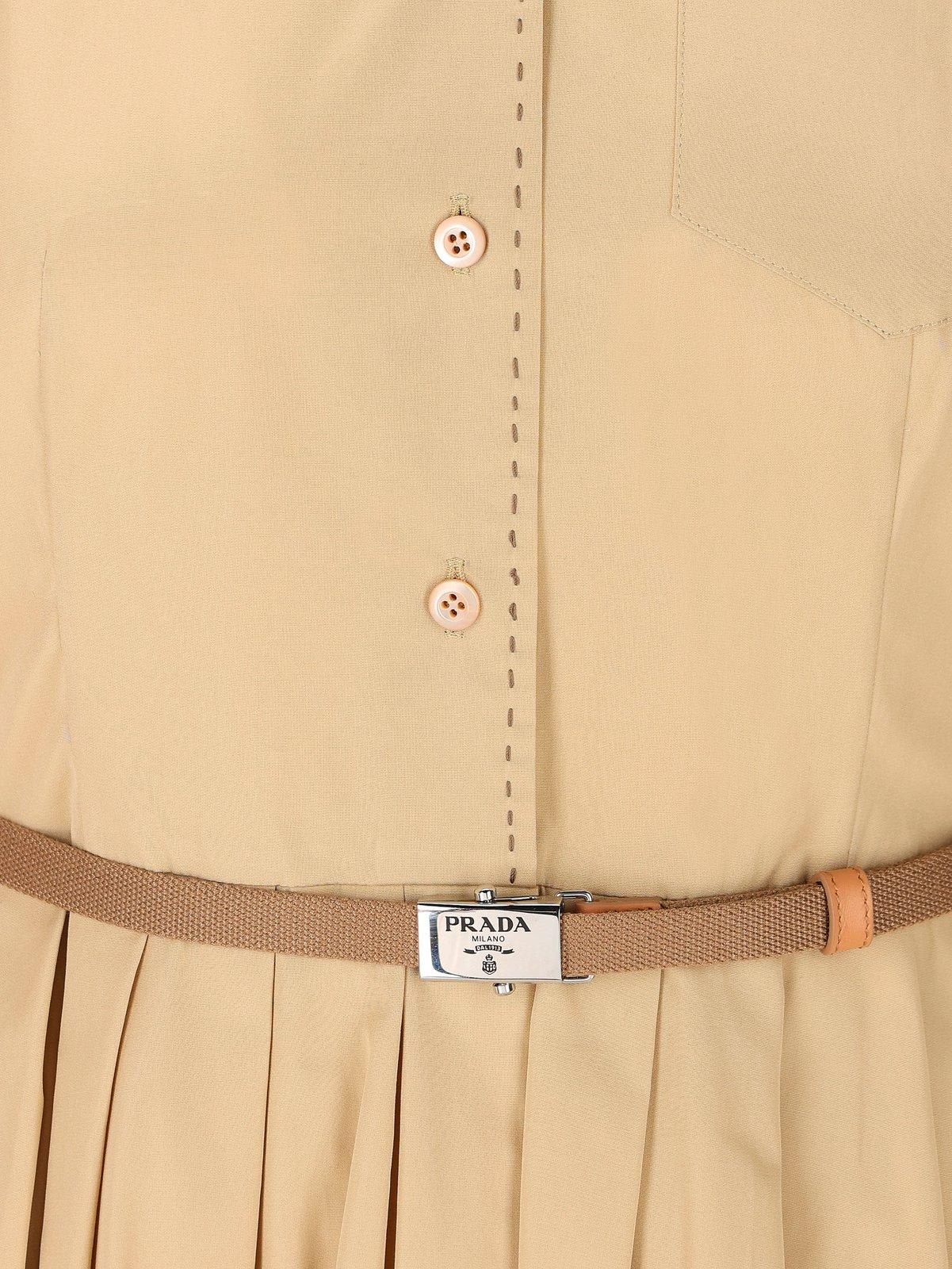 Shop Prada Long-sleeved Belted Dress In Brown