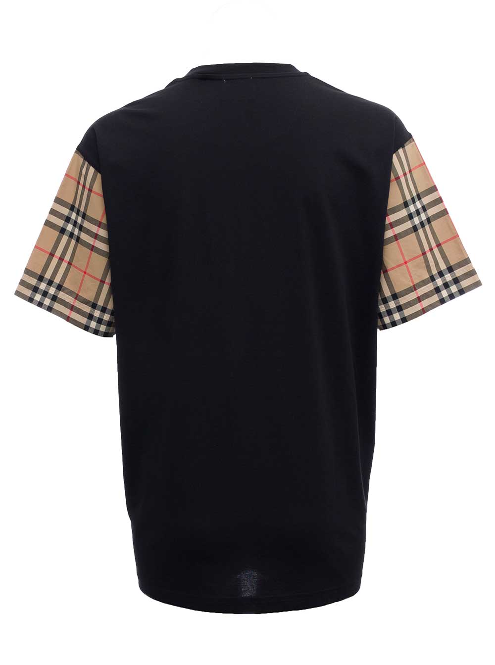 BURBERRY BLACK COTTON T-SHIRT WITH VINTAGE CHECK SLEEVES 