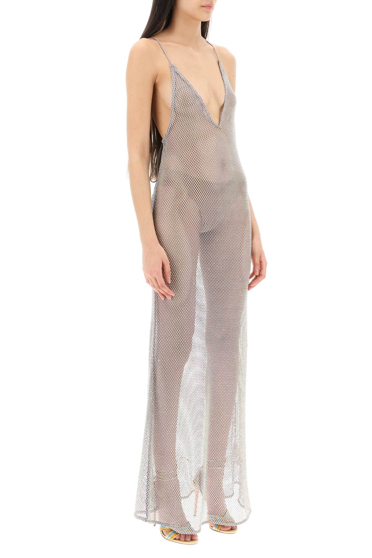 Shop Ganni Long Mesh Dress With Crystals In Silver (silver)