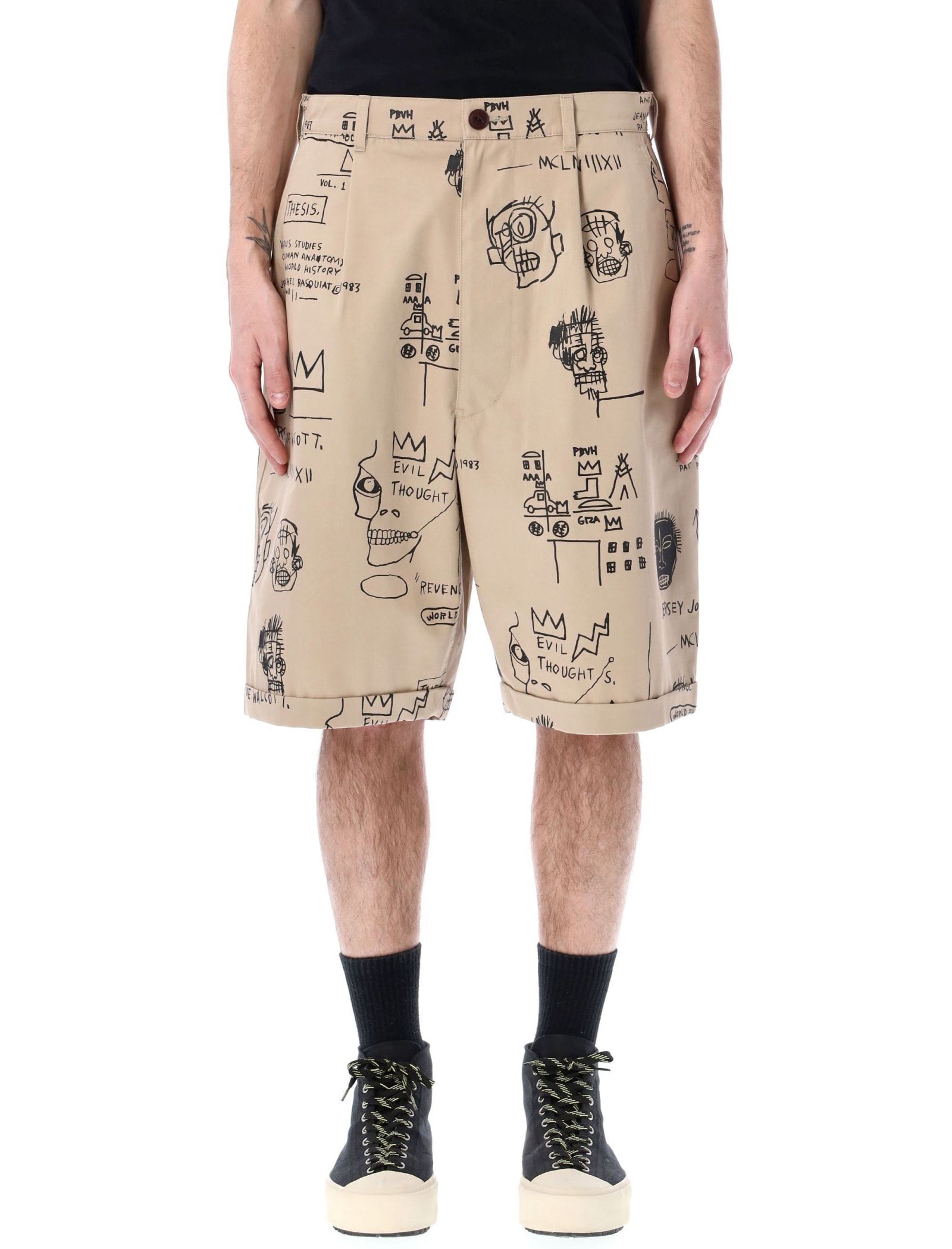 Junya Watanabe X Basquiat Printed Cotton Shorts In Beige