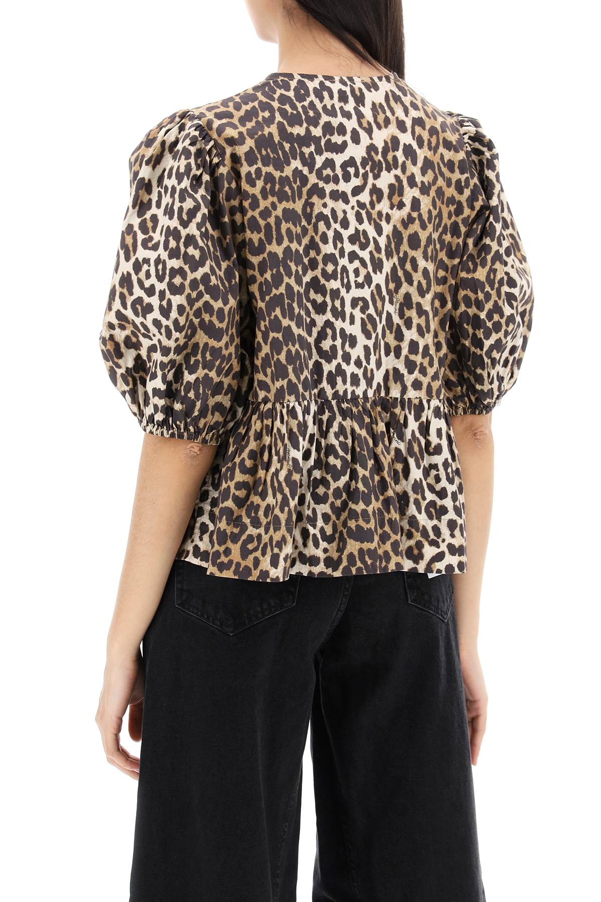 Ganni Multicolor Blouse With Front Tie Closure And All-over Leopard Motif In Cotton Woman In Leopard (beige)