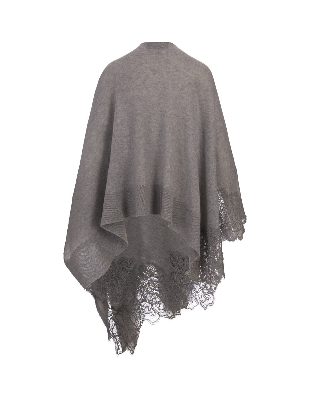 Shop Ermanno Scervino Grey Cashmere Cape With Lace