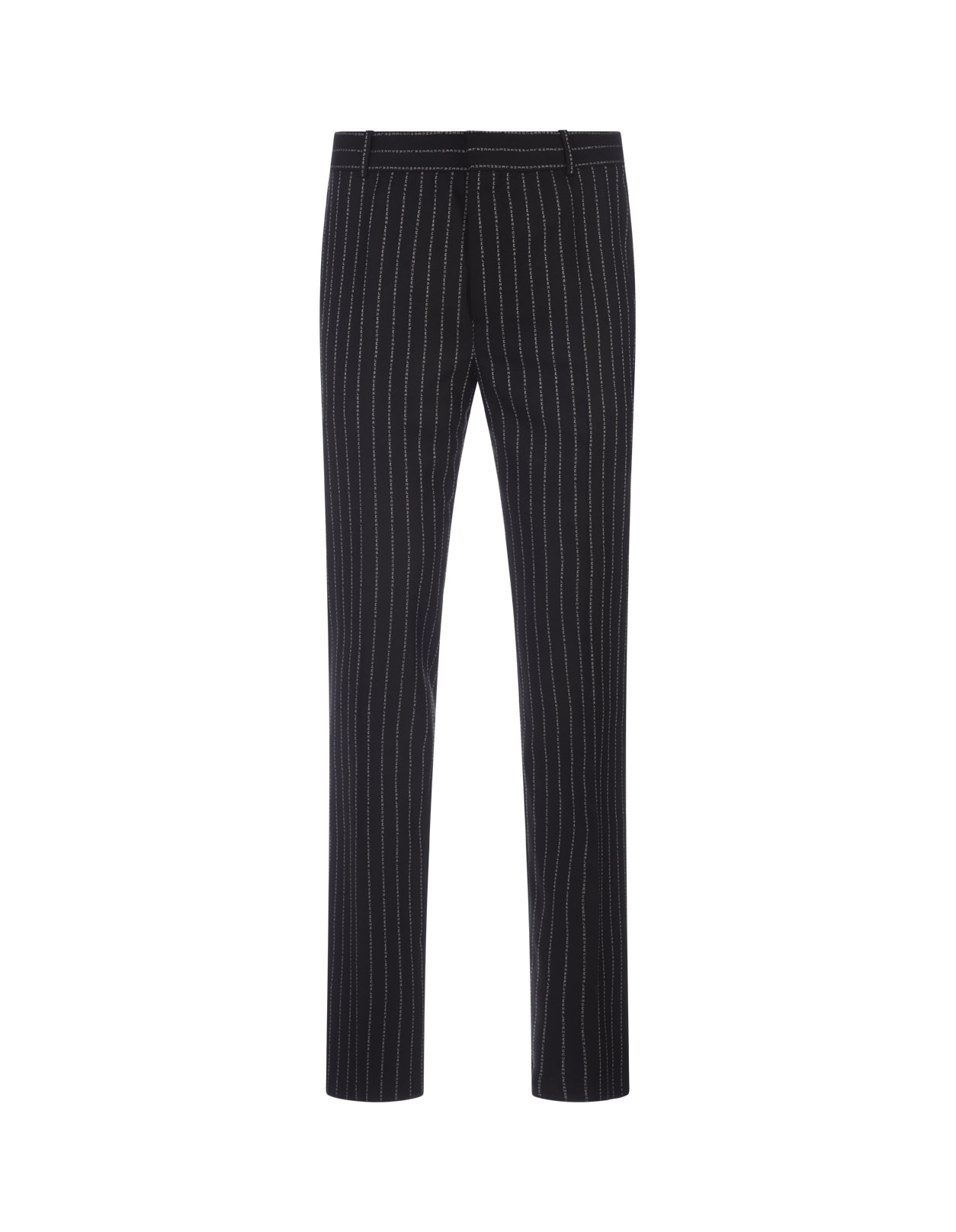 Alexander Mcqueen Black Pinstripe Trousers With Lettering Logo