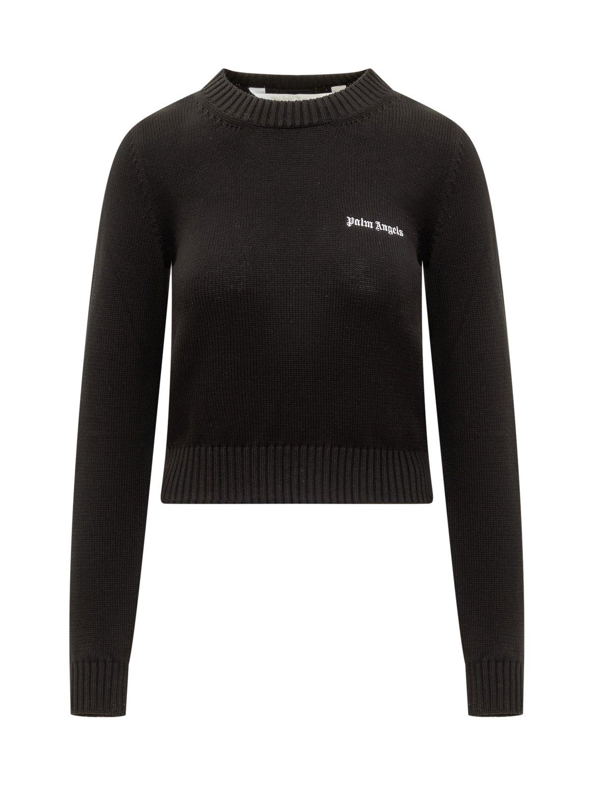 Shop Palm Angels Logo Embroidered Crewneck Knitted Jumper In Black Off