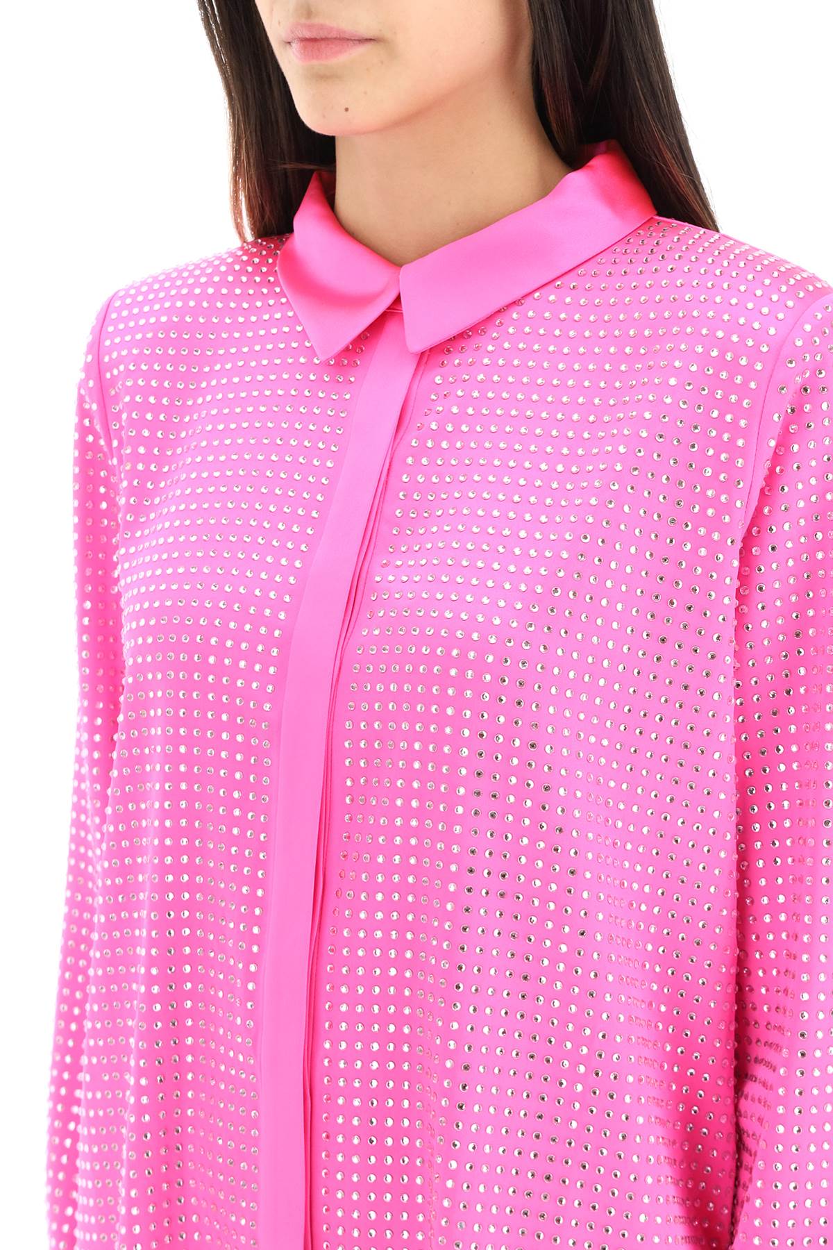 Shop Self-portrait Satin Shirt With Rhinestones In Pink (fuchsia)