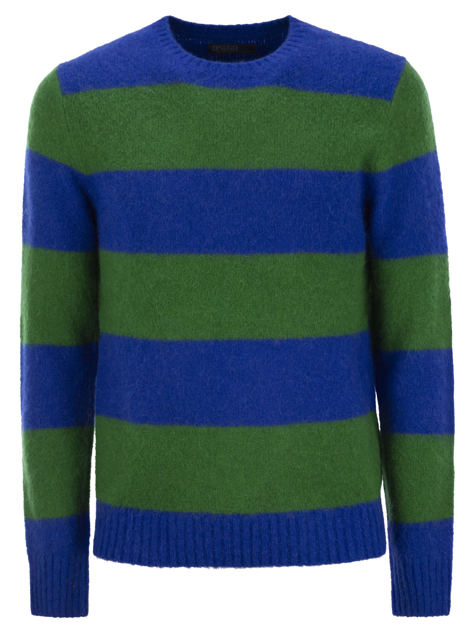 Shop Polo Ralph Lauren Striped Jersey With Suede Patches In Blue/green