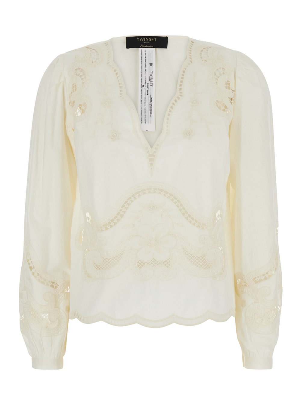 Twinset White Blouse With V Neck And All-over Embroidery In Fabric Woman In White