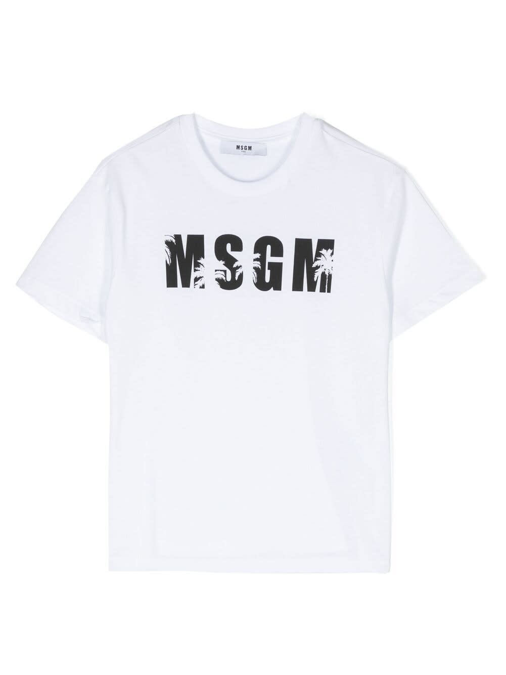 MSGM WHITE T-SHIRT WITH LOGO AND PALM TREES
