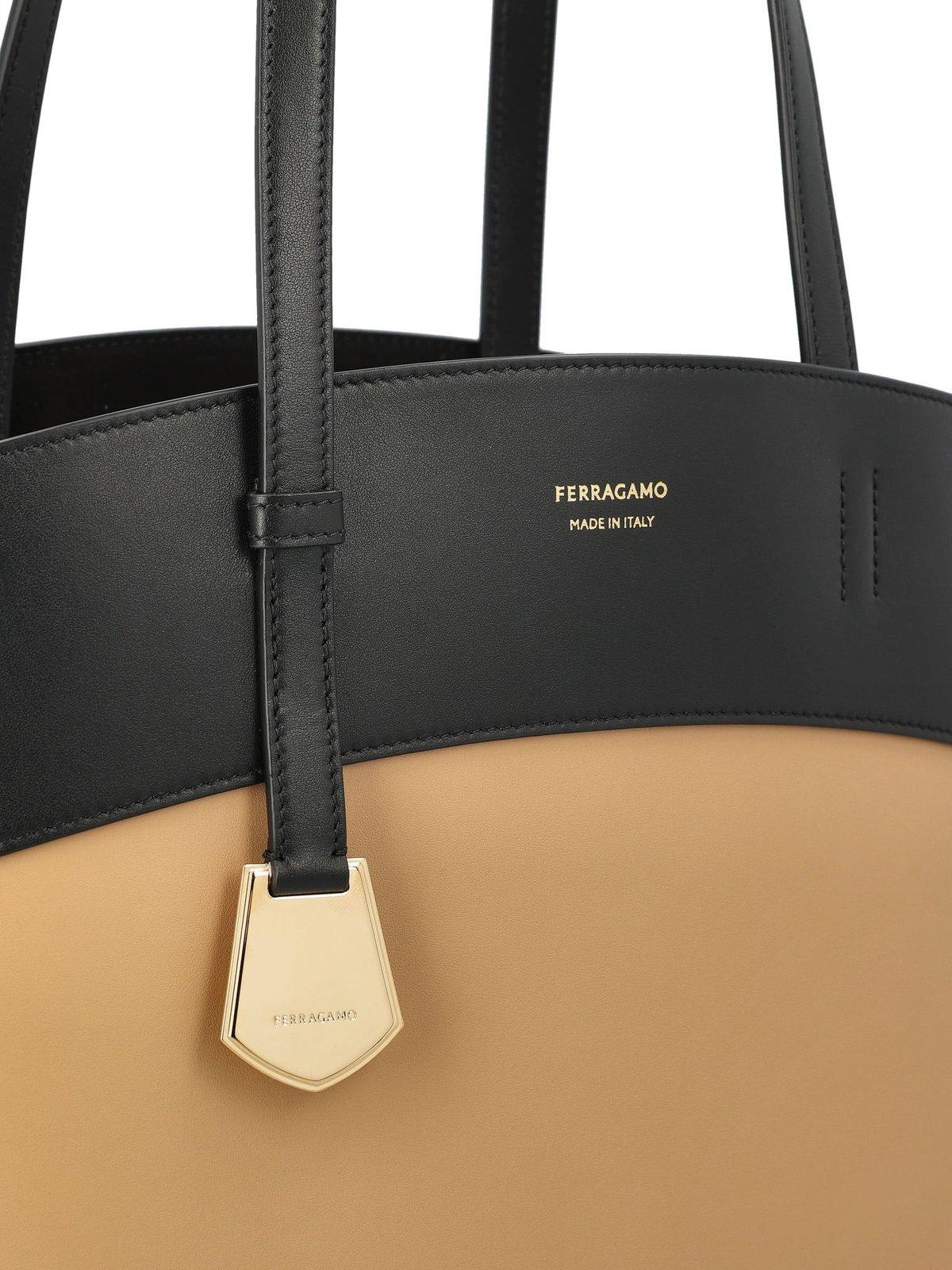 Shop Ferragamo Charming Logo-printed Top Handle Bag In Nero/lt Camel