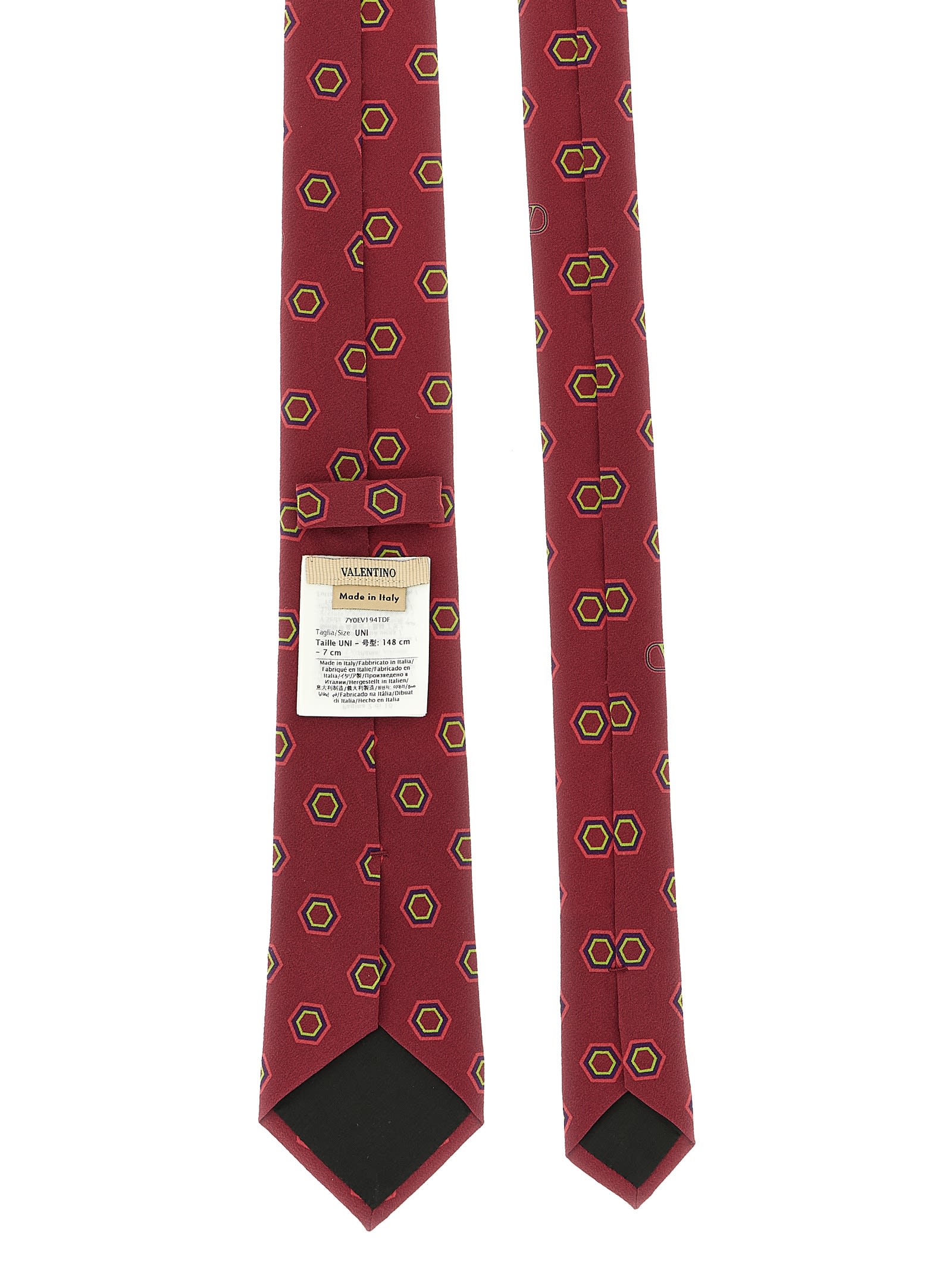 Valentino Silk Tie With Hexagonal Pattern Slim Design In Red