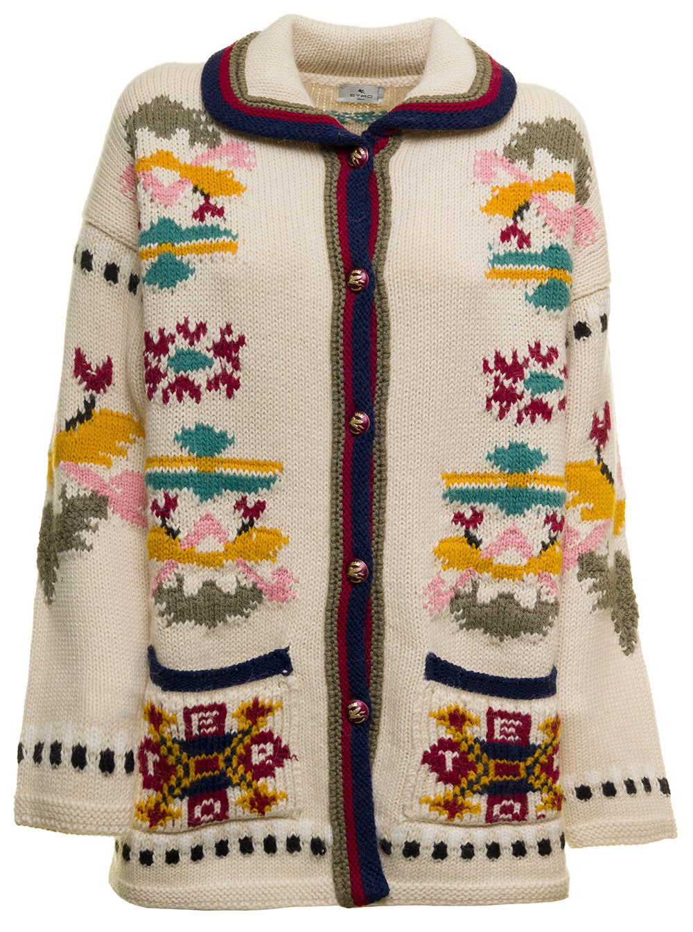 White Cardigan In Knitted Wool Knit With Multicolor Ikat Embroidery Etro Woman