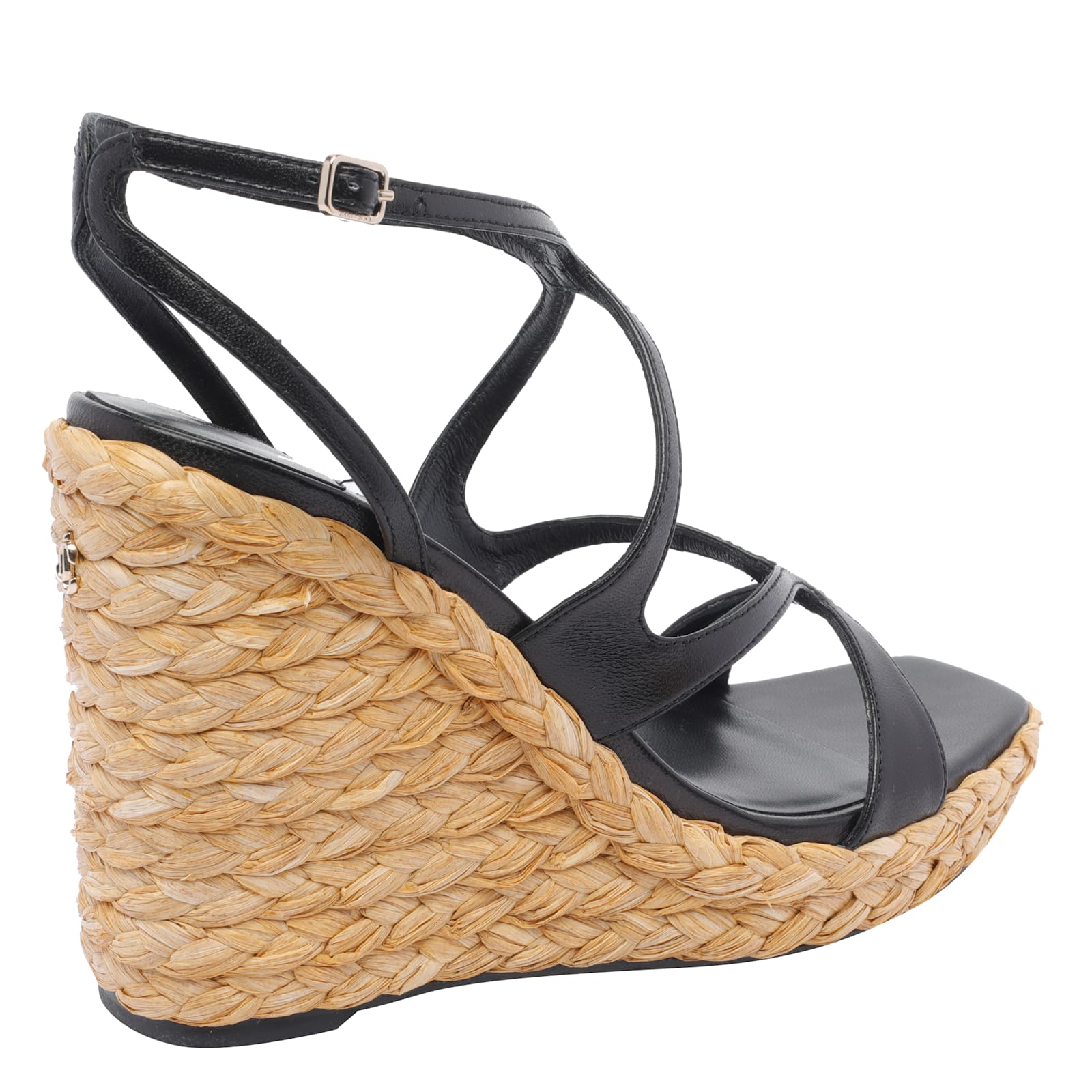 Jimmy Choo Ayla 85 Nappa Leather And Raffia Wedge Sandals In Black