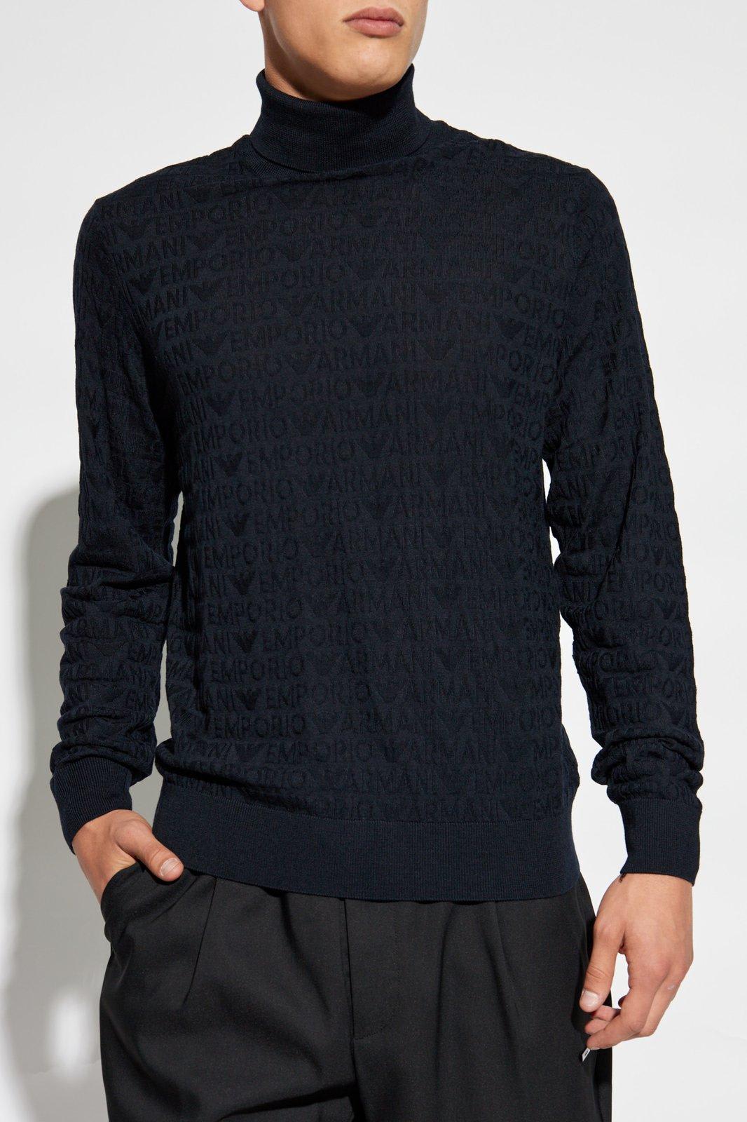 Shop Emporio Armani Wool Turtleneck With Monogram In Blu Navy