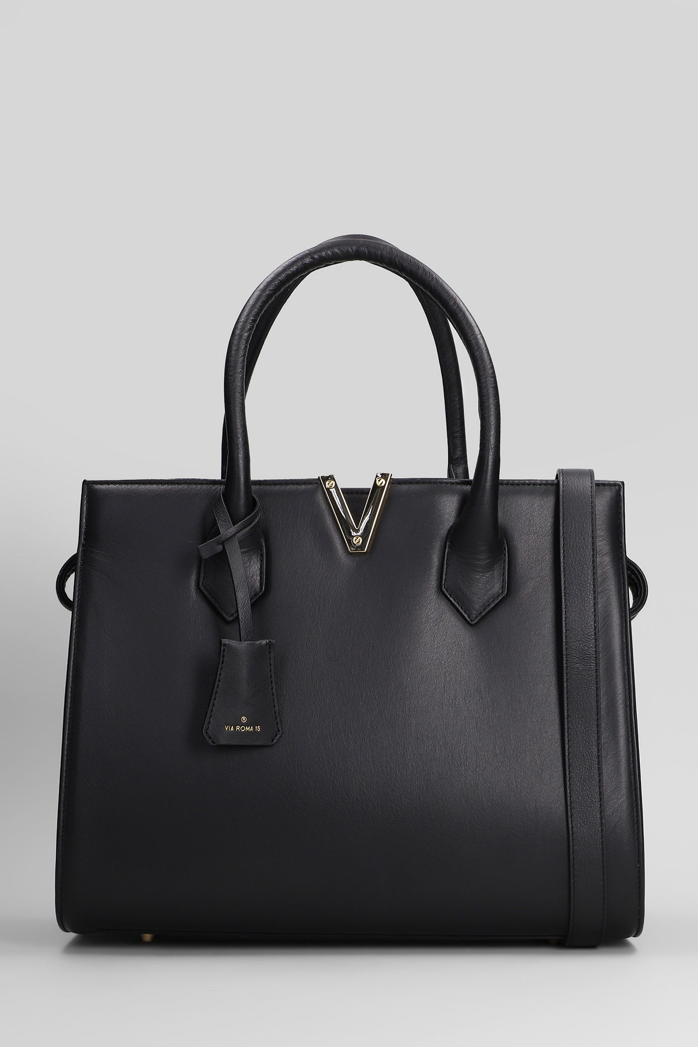 Via Roma 15 Tote In Black Leather In Black