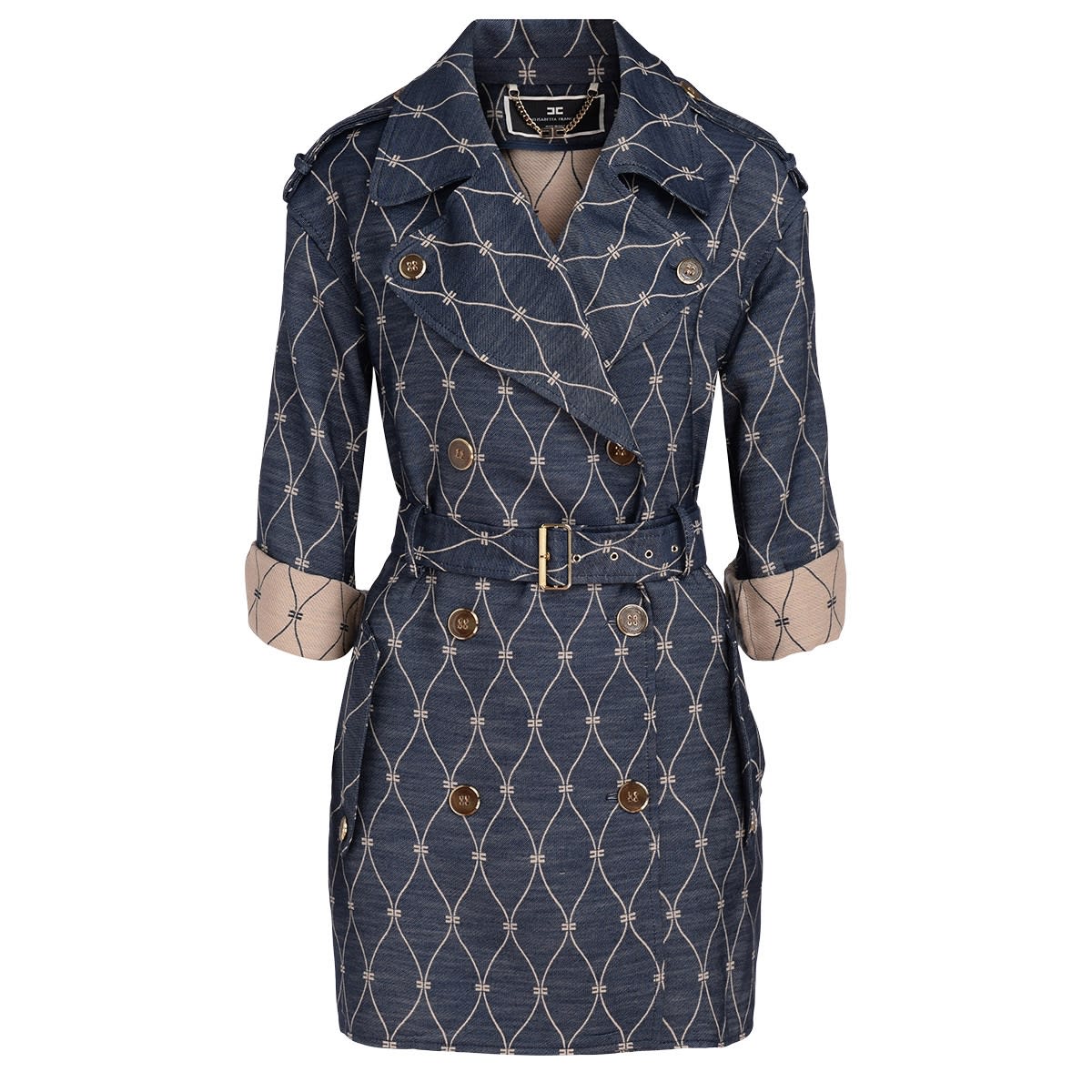 Elisabetta Franchi Double-breasted Trench Coat In Blue Logoed Denim