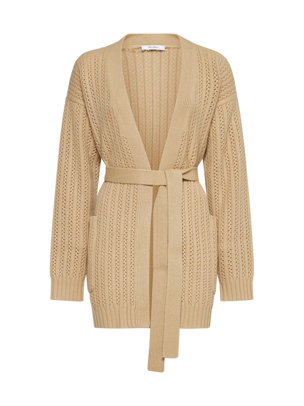 Shop Max Mara Balzac Belted Long-sleeved Cardigan In Ecru