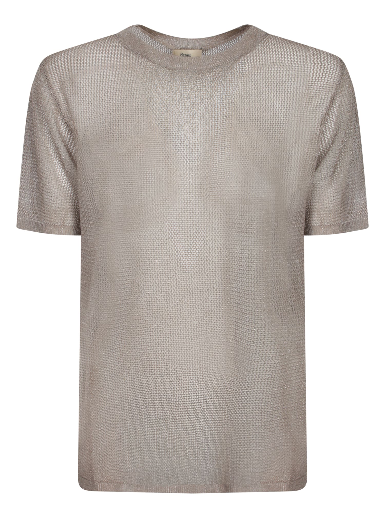 Herno Knit Pullover Sweater With Shiny Lurex Fabric In Beige